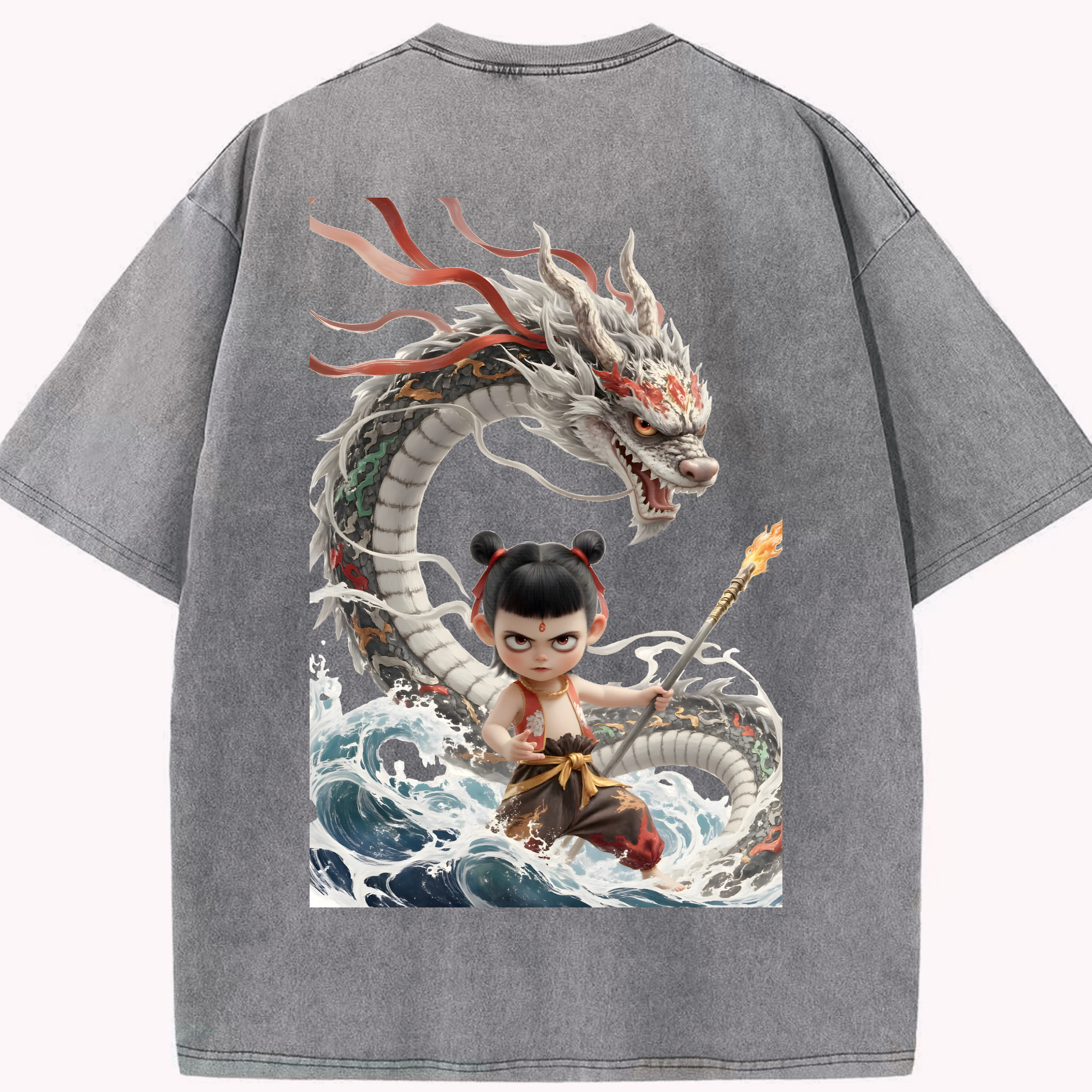 （画像用） Ne Zha 2 ナタ 魔童の大暴れ 綿100% ヴィンテージ風 半袖Tシャツ（背面プリント）