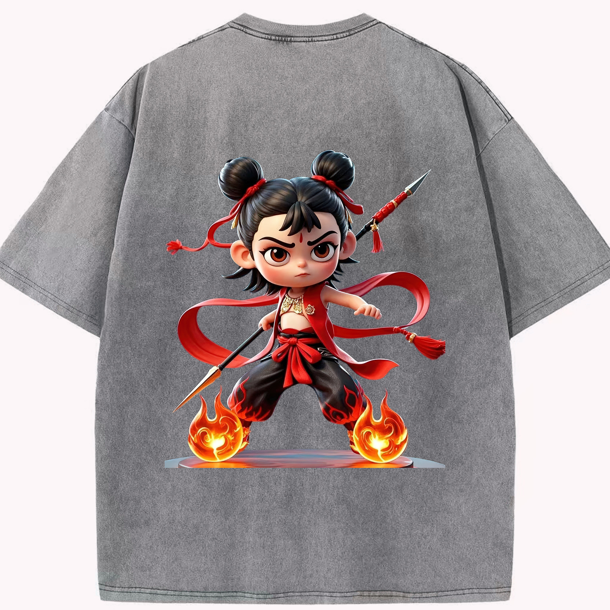 （画像用） Ne Zha 2 ナタ 魔童の大暴れ 綿100% ヴィンテージ風 半袖Tシャツ（背面プリント）