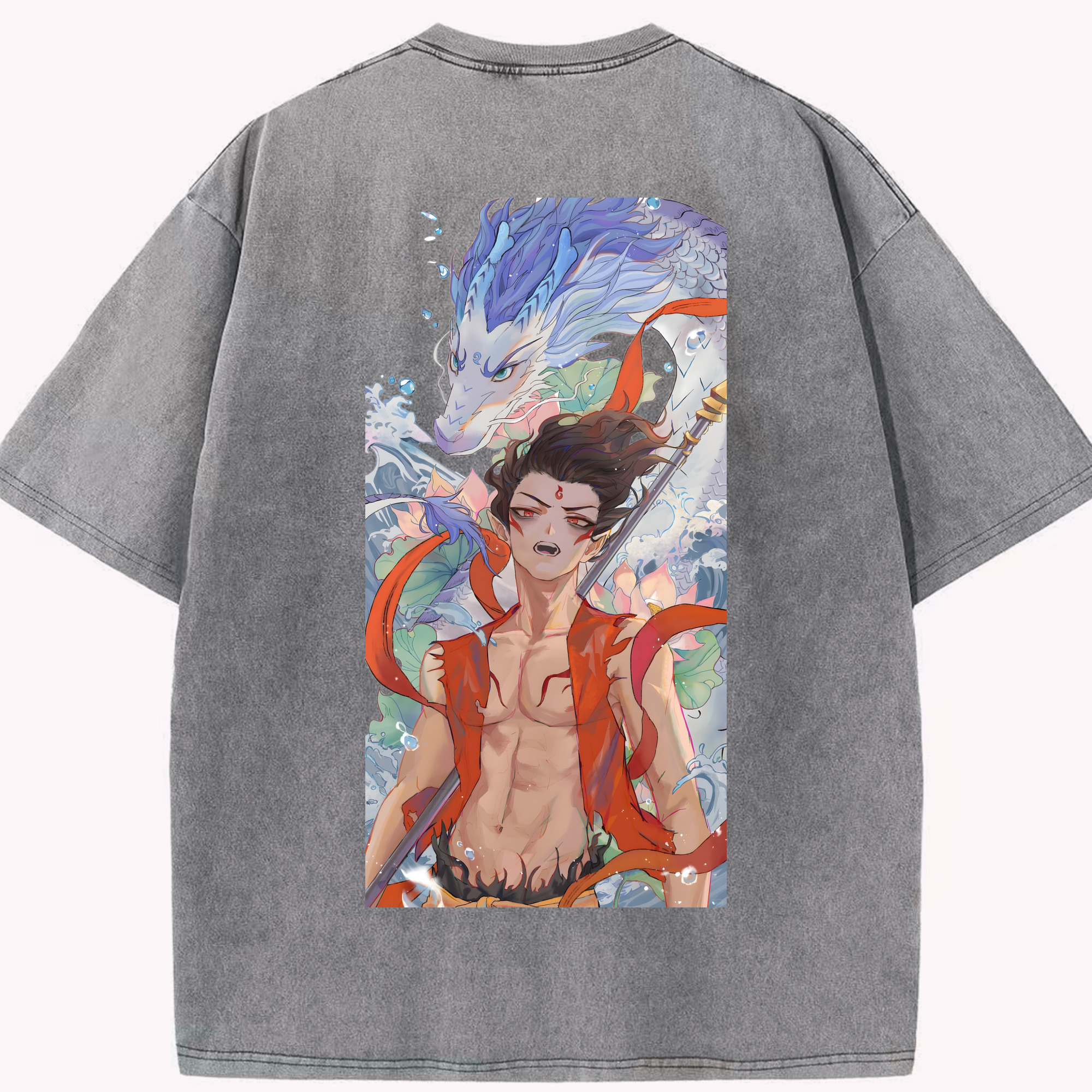 （画像用） Ne Zha 2 ナタ 魔童の大暴れ 綿100% ヴィンテージ風 半袖Tシャツ（背面プリント）
