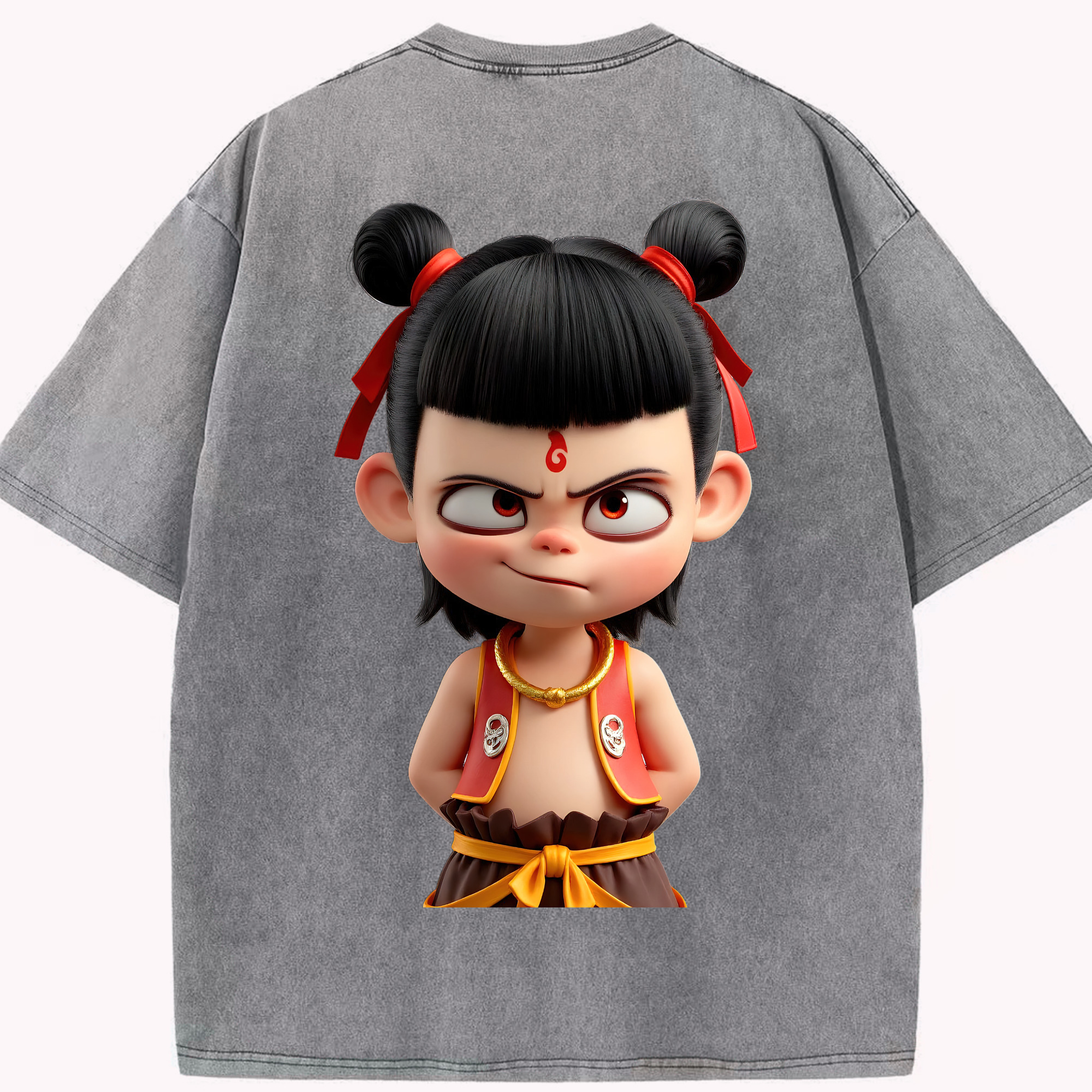 （画像用） Ne Zha 2 ナタ 魔童の大暴れ 綿100% ヴィンテージ風 半袖Tシャツ（背面プリント）