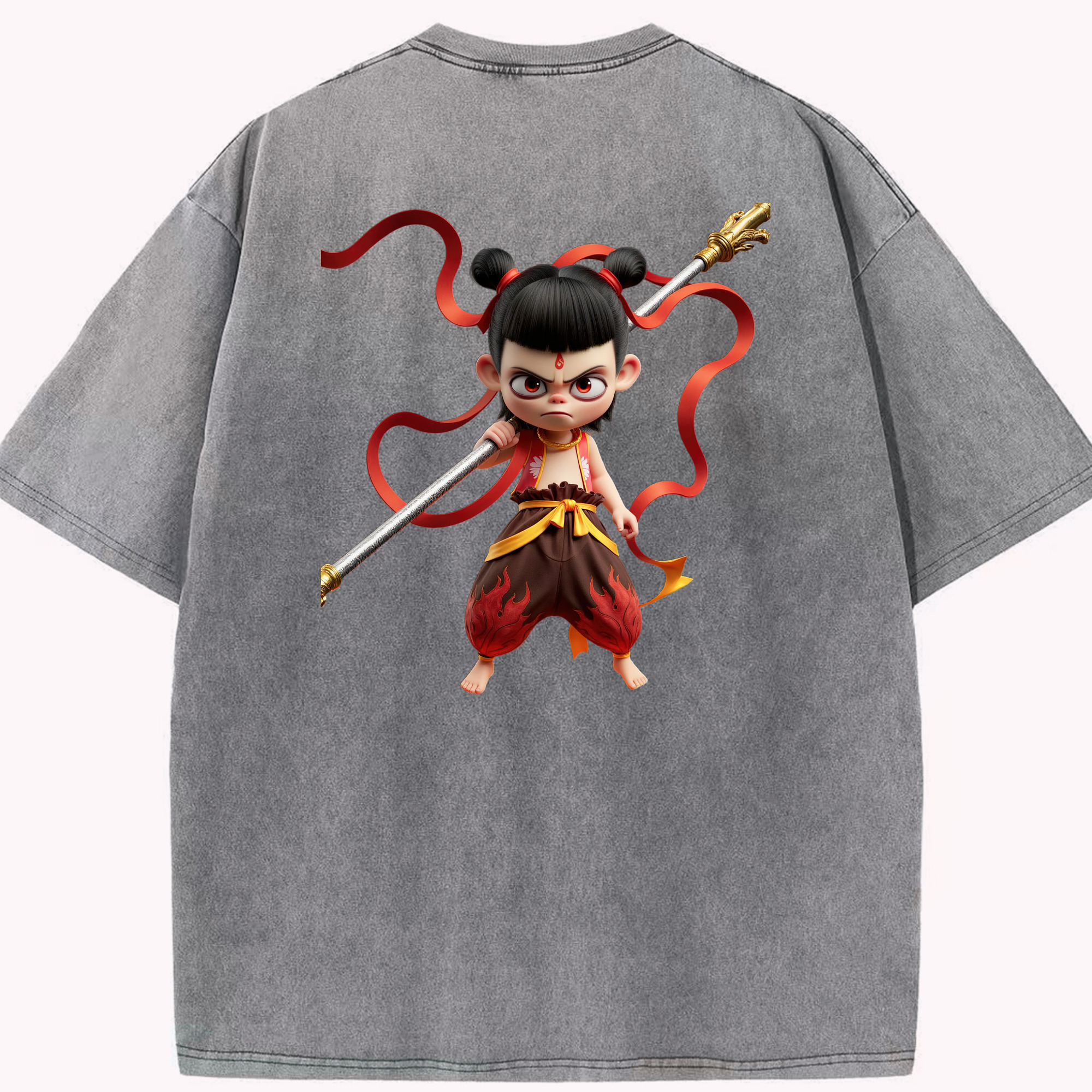 （画像用） Ne Zha 2 ナタ 魔童の大暴れ 綿100% ヴィンテージ風 半袖Tシャツ（背面プリント）