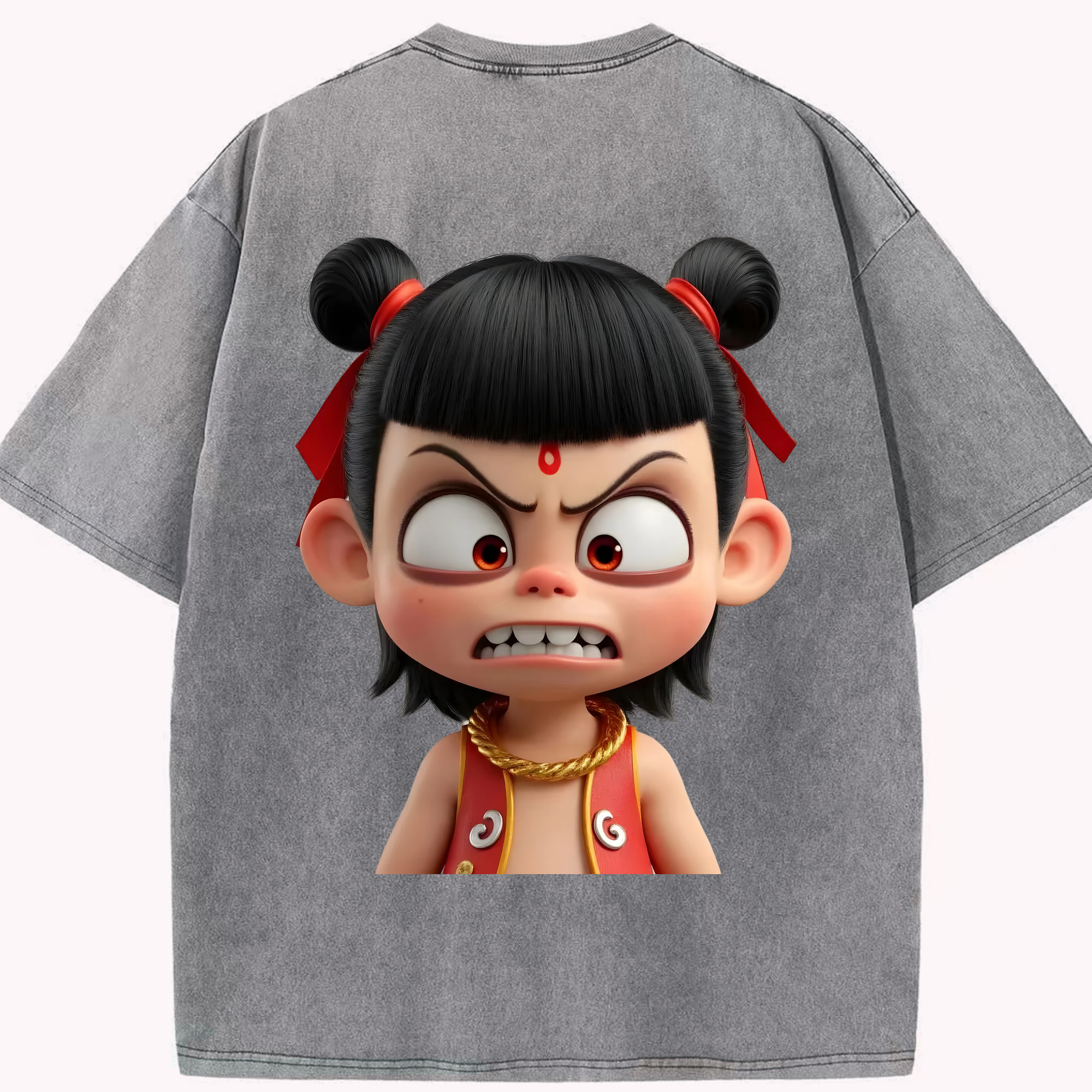 （画像用） Ne Zha 2 ナタ 魔童の大暴れ 綿100% ヴィンテージ風 半袖Tシャツ（背面プリント）