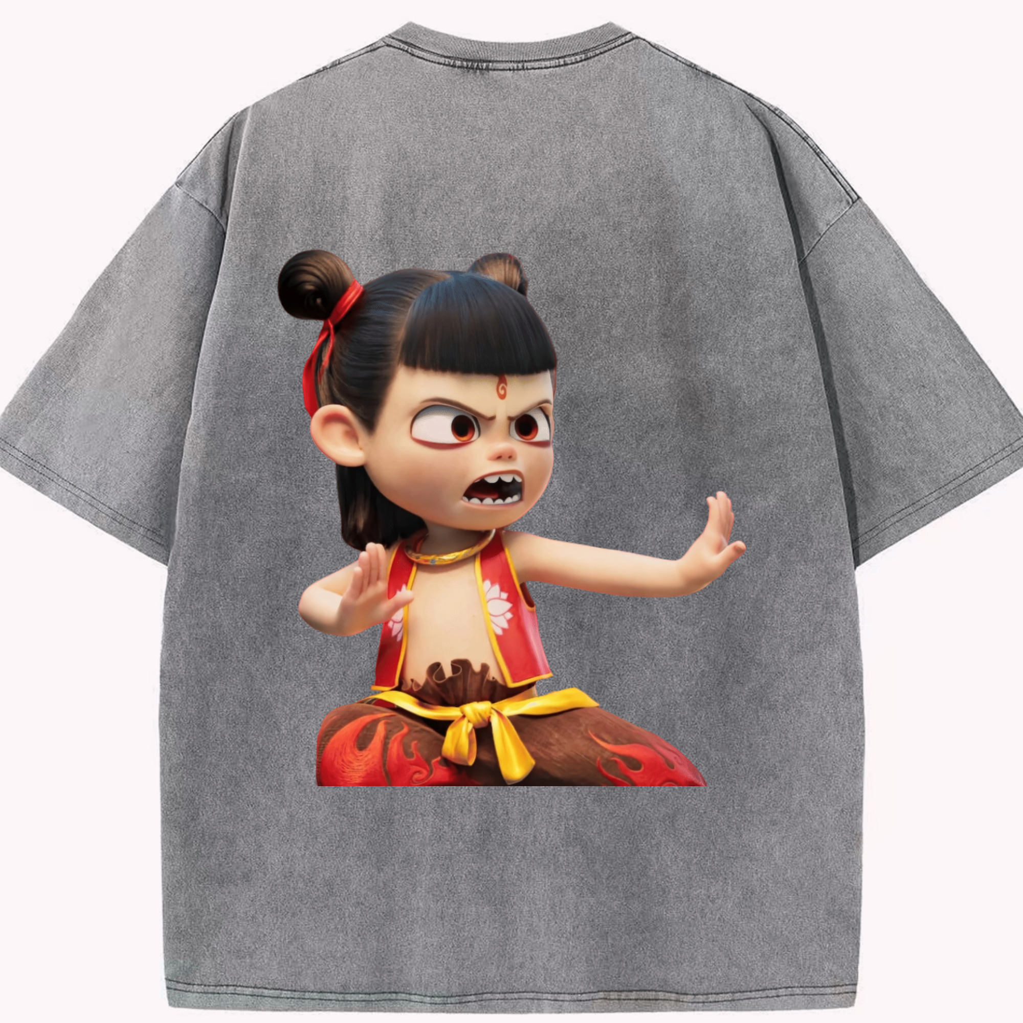 （画像用） Ne Zha 2 ナタ 魔童の大暴れ 綿100% ヴィンテージ風 半袖Tシャツ（背面プリント）