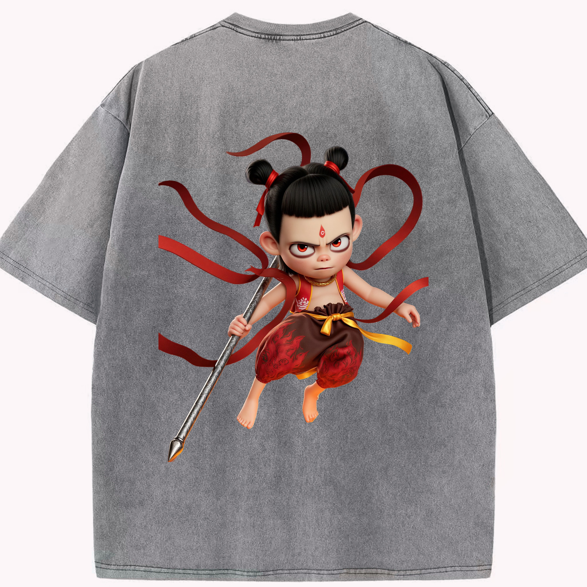 （画像用） Ne Zha 2 ナタ 魔童の大暴れ 綿100% ヴィンテージ風 半袖Tシャツ（背面プリント）