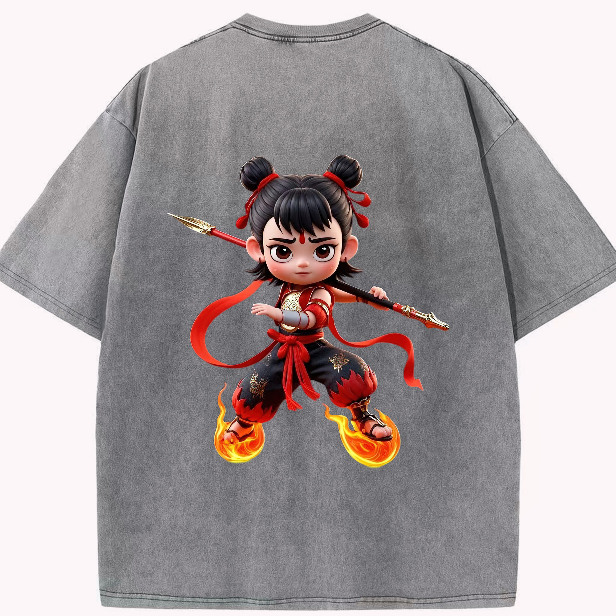 （画像用） Ne Zha 2 ナタ 魔童の大暴れ 綿100% ヴィンテージ風 半袖Tシャツ（背面プリント）