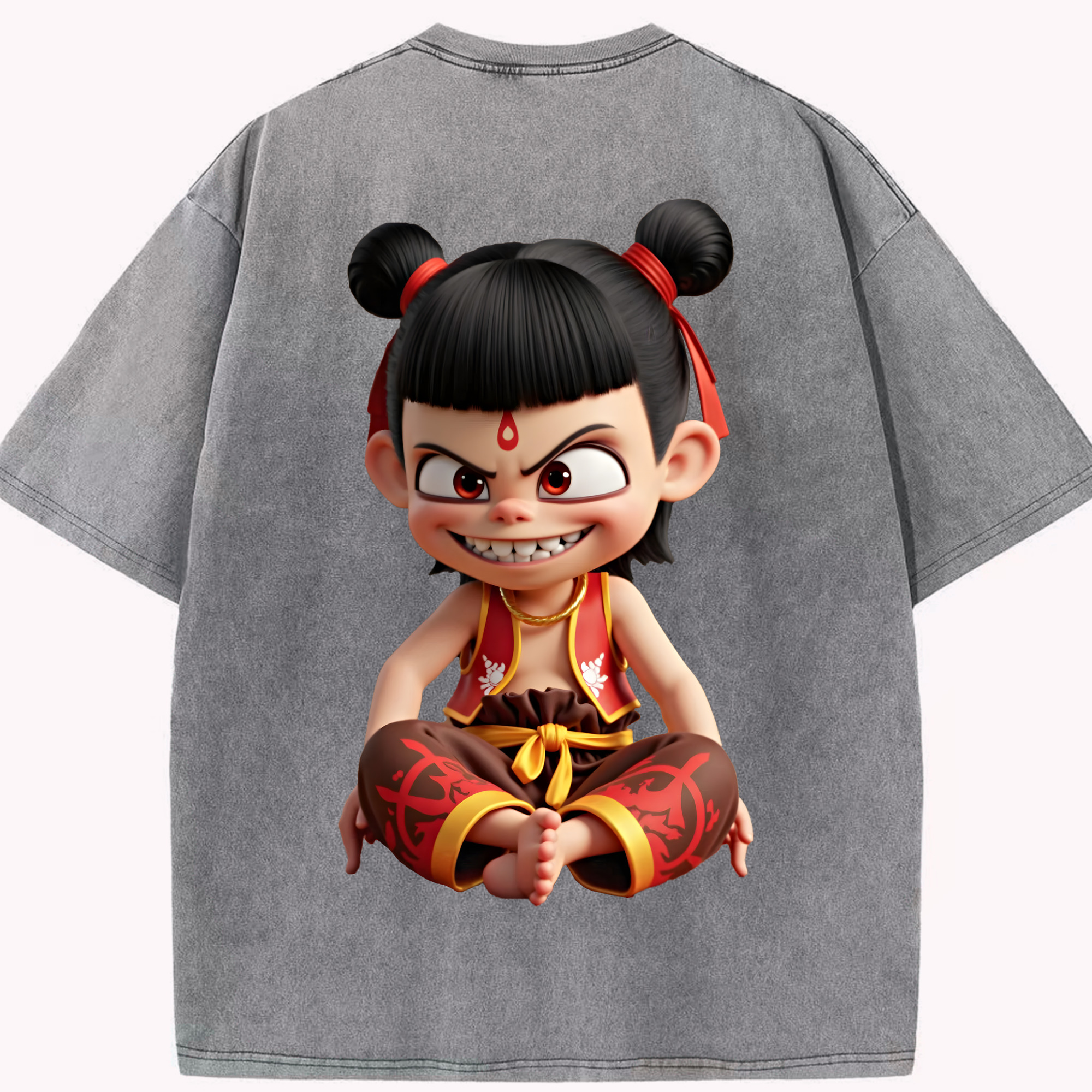 （画像用） Ne Zha 2 ナタ 魔童の大暴れ 綿100% ヴィンテージ風 半袖Tシャツ（背面プリント）