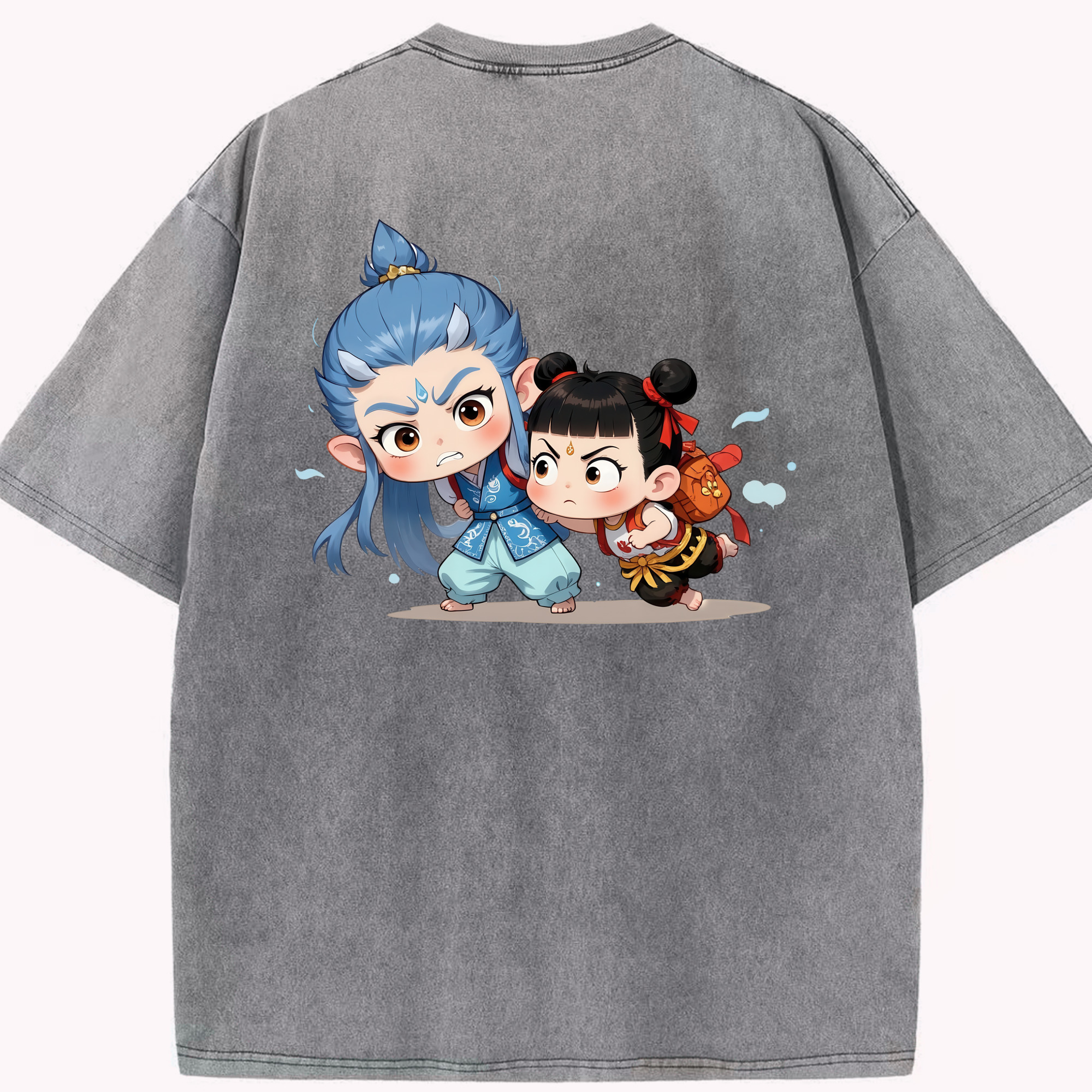 （画像用） Ne Zha 2 ナタ 魔童の大暴れ 綿100% ヴィンテージ風 半袖Tシャツ（背面プリント）