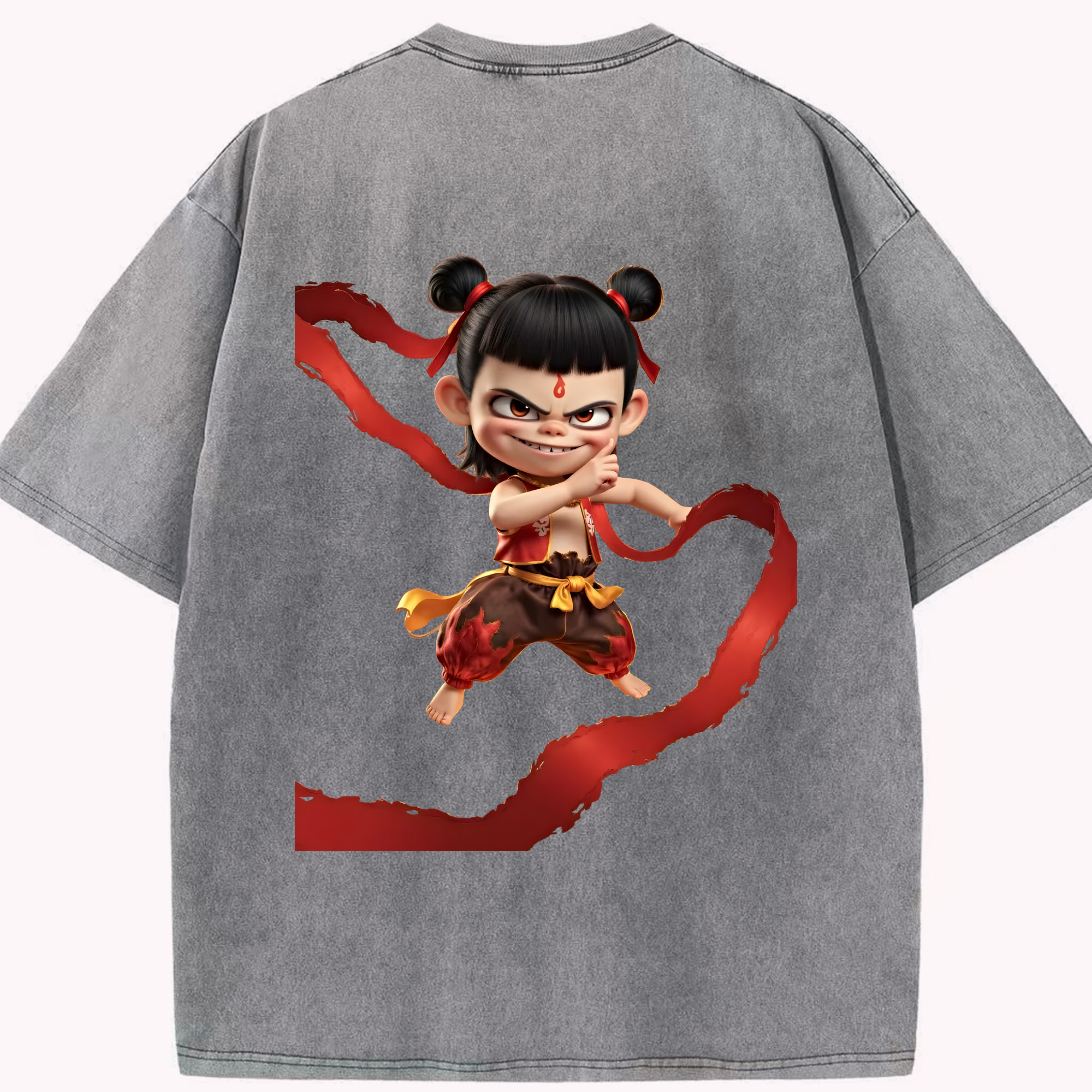 （画像用） Ne Zha 2 ナタ 魔童の大暴れ 綿100% ヴィンテージ風 半袖Tシャツ（背面プリント）