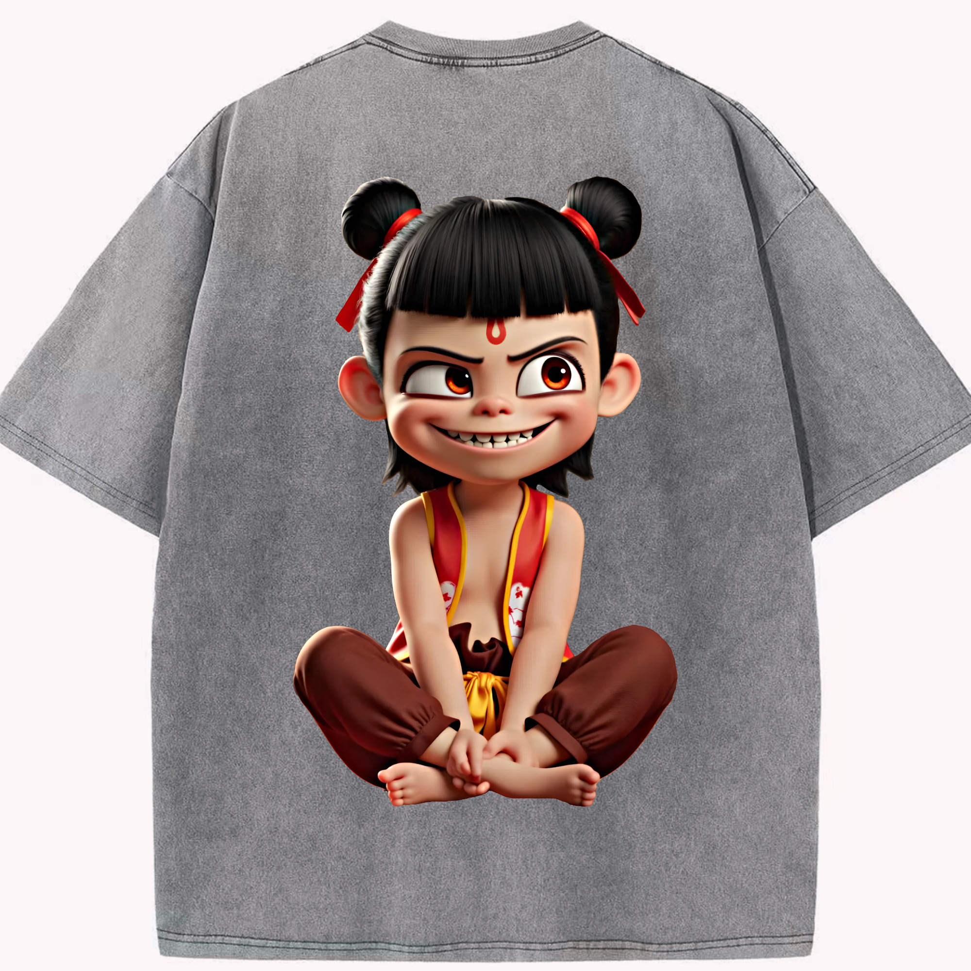 （画像用） Ne Zha 2 ナタ 魔童の大暴れ 綿100% ヴィンテージ風 半袖Tシャツ（背面プリント）