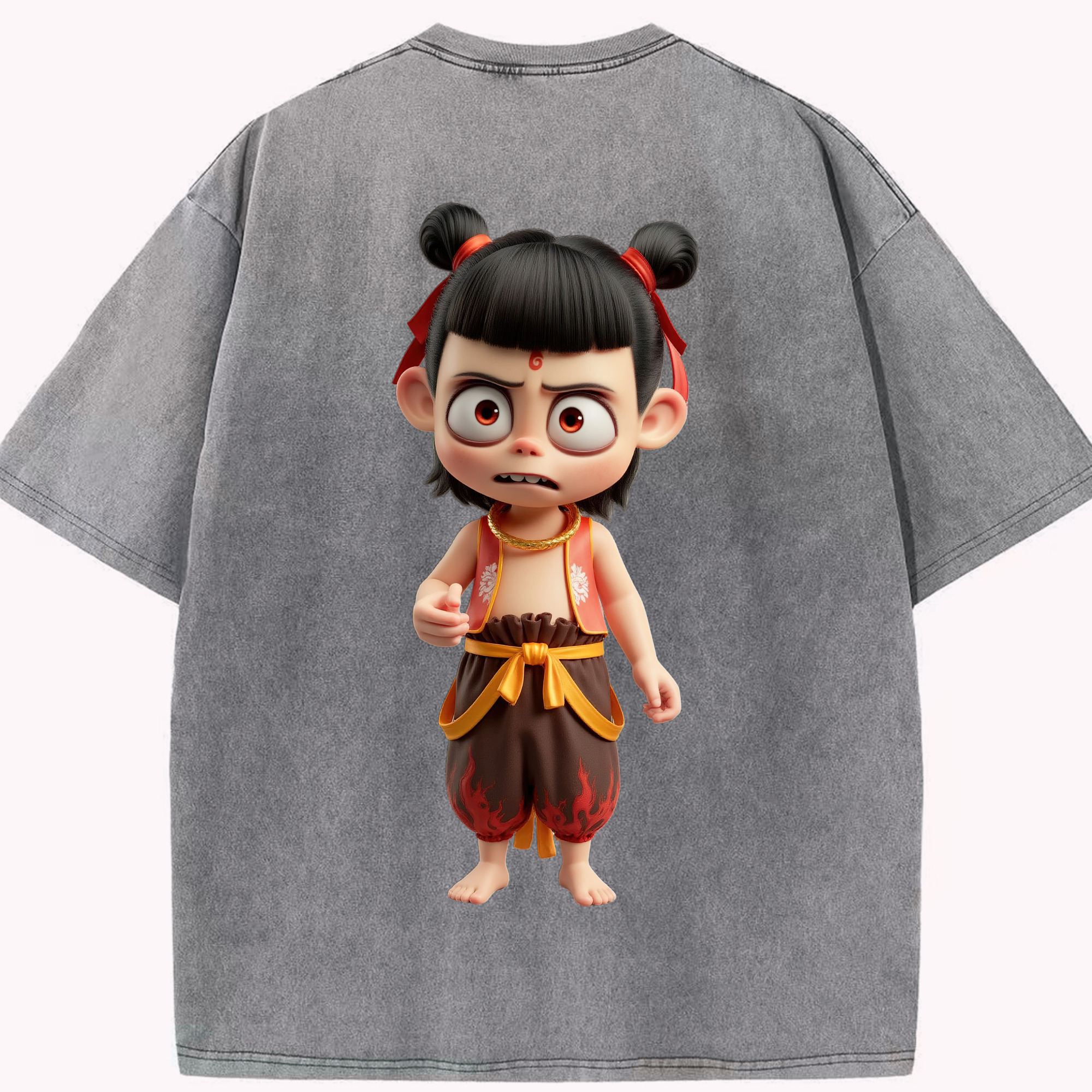 （画像用） Ne Zha 2 ナタ 魔童の大暴れ 綿100% ヴィンテージ風 半袖Tシャツ（背面プリント）