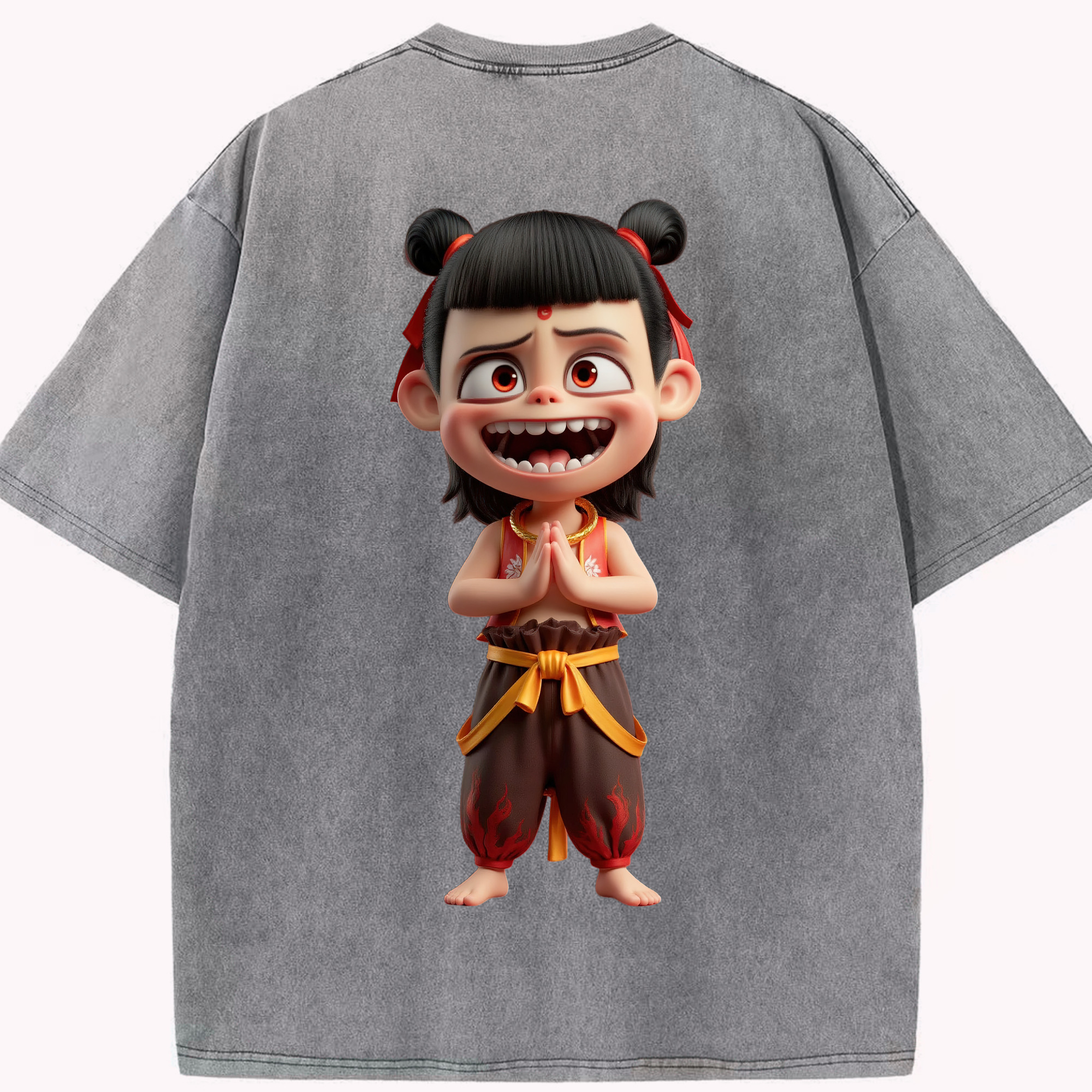 （画像用） Ne Zha 2 ナタ 魔童の大暴れ 綿100% ヴィンテージ風 半袖Tシャツ（背面プリント）