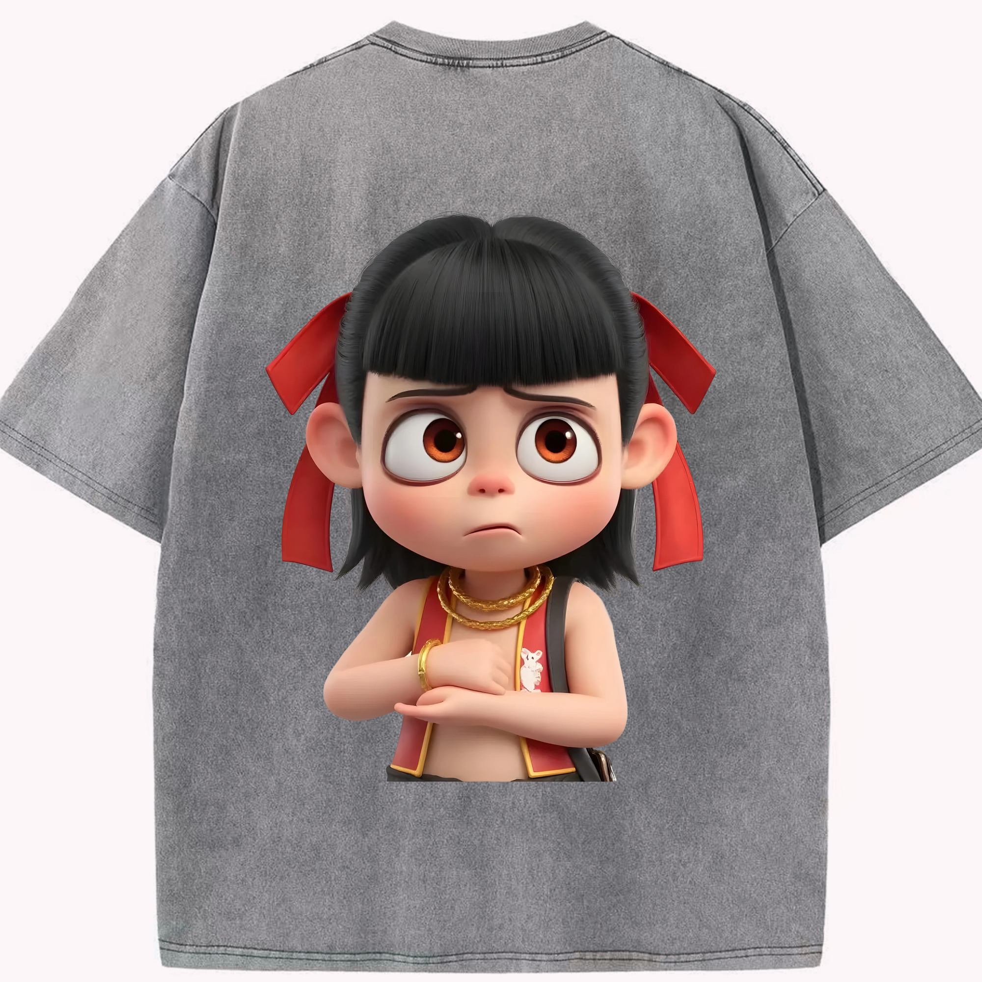 （画像用） Ne Zha 2 ナタ 魔童の大暴れ 綿100% ヴィンテージ風 半袖Tシャツ（背面プリント）