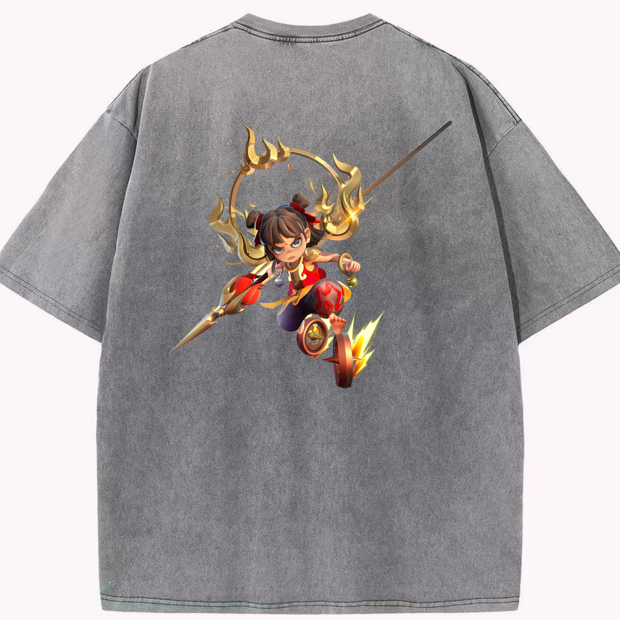 （画像用） Ne Zha 2 ナタ 魔童の大暴れ 綿100% ヴィンテージ風 半袖Tシャツ（背面プリント）