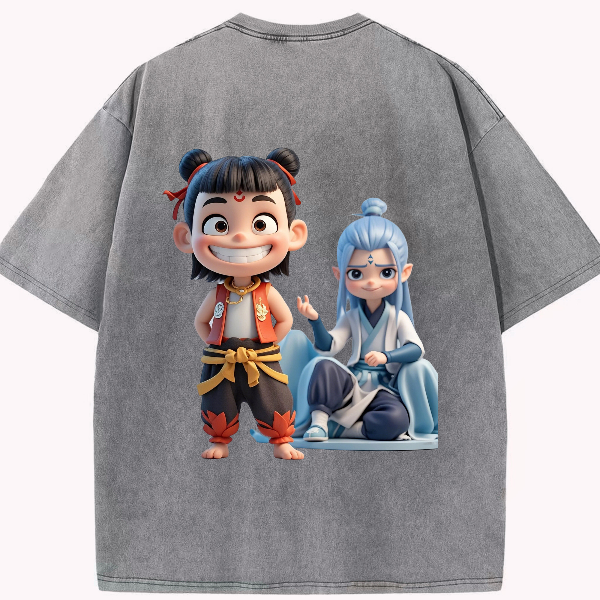 （画像用） Ne Zha 2 ナタ 魔童の大暴れ 綿100% ヴィンテージ風 半袖Tシャツ（背面プリント）
