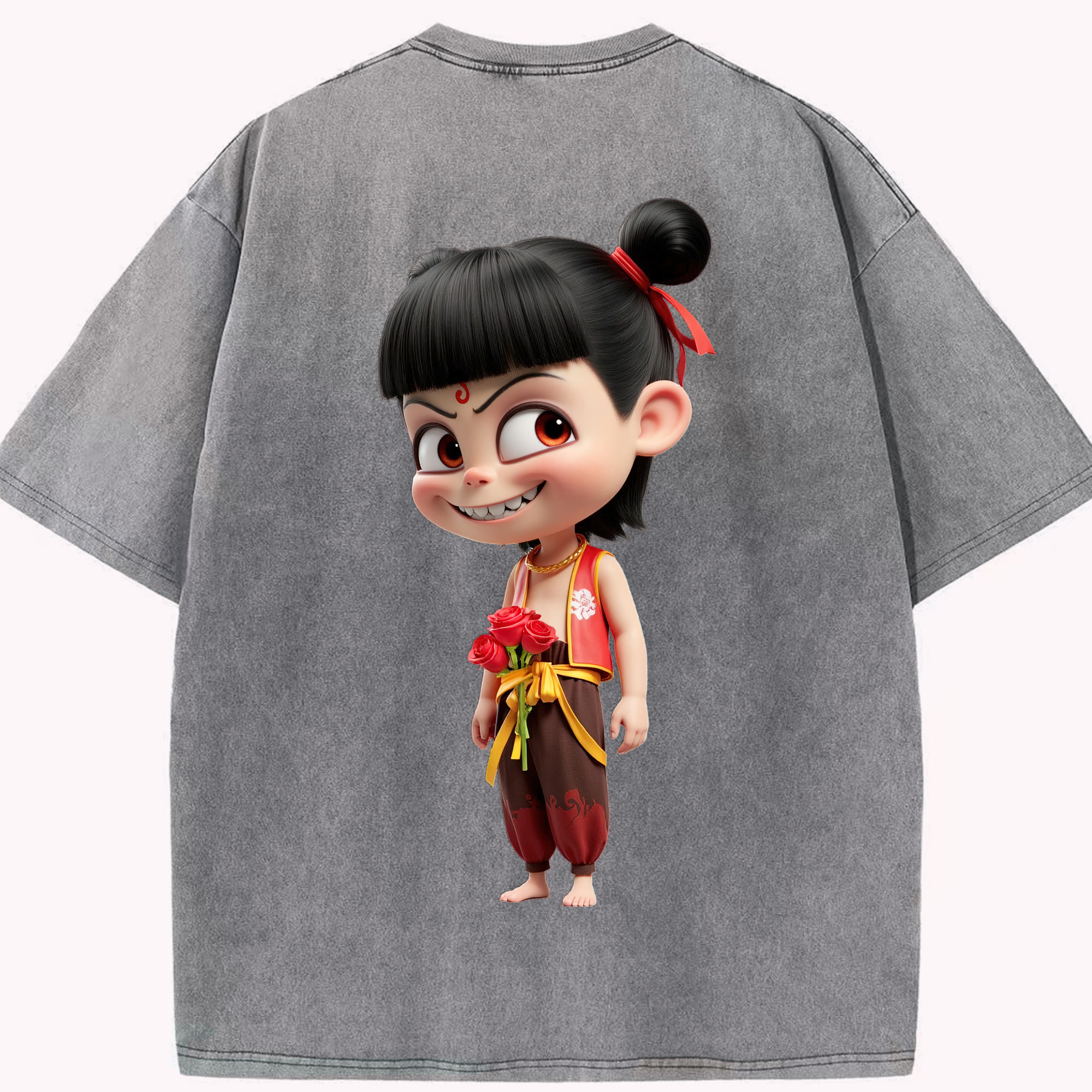 （画像用） Ne Zha 2 ナタ 魔童の大暴れ 綿100% ヴィンテージ風 半袖Tシャツ（背面プリント）