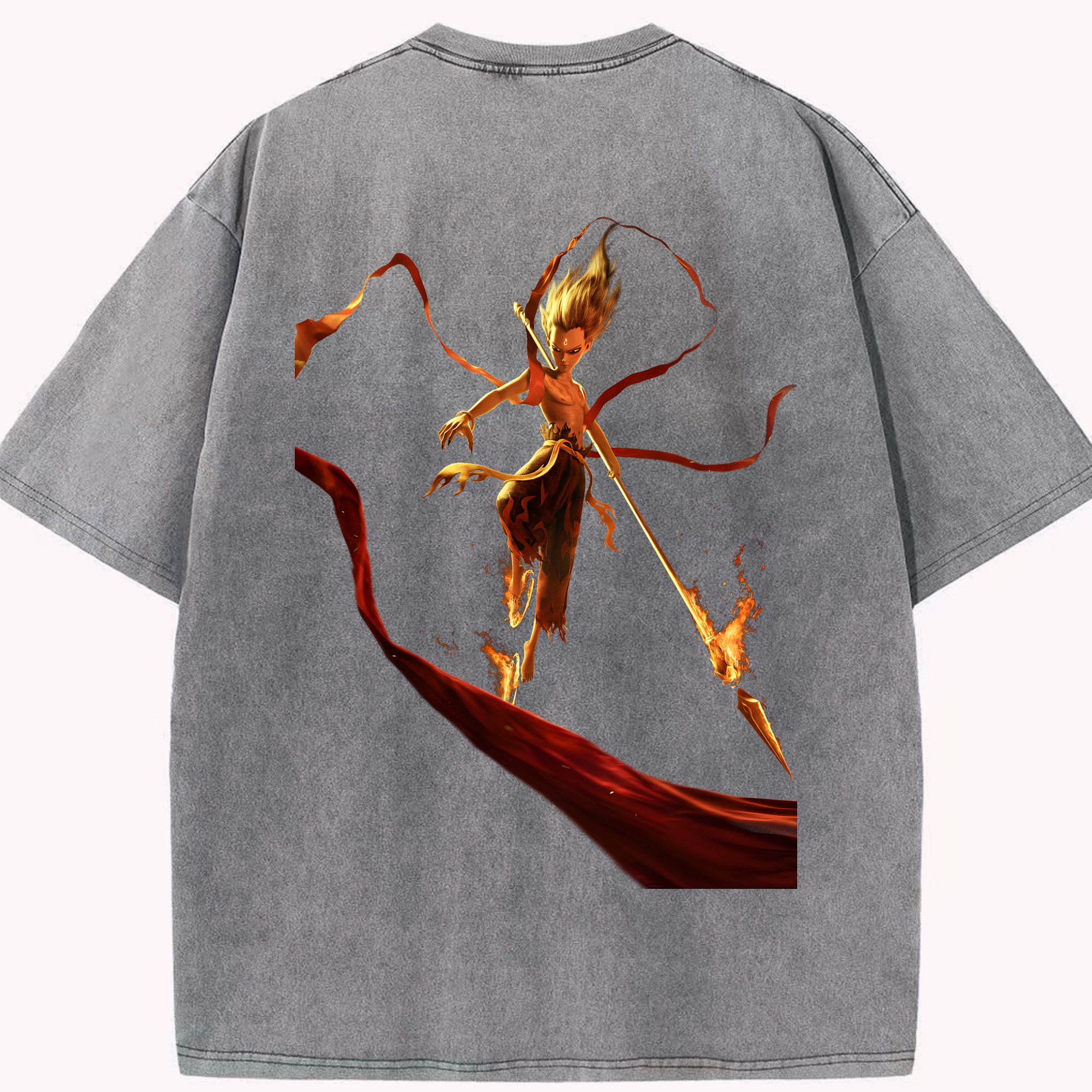 （画像用） Ne Zha 2 ナタ 魔童の大暴れ 綿100% ヴィンテージ風 半袖Tシャツ（背面プリント）