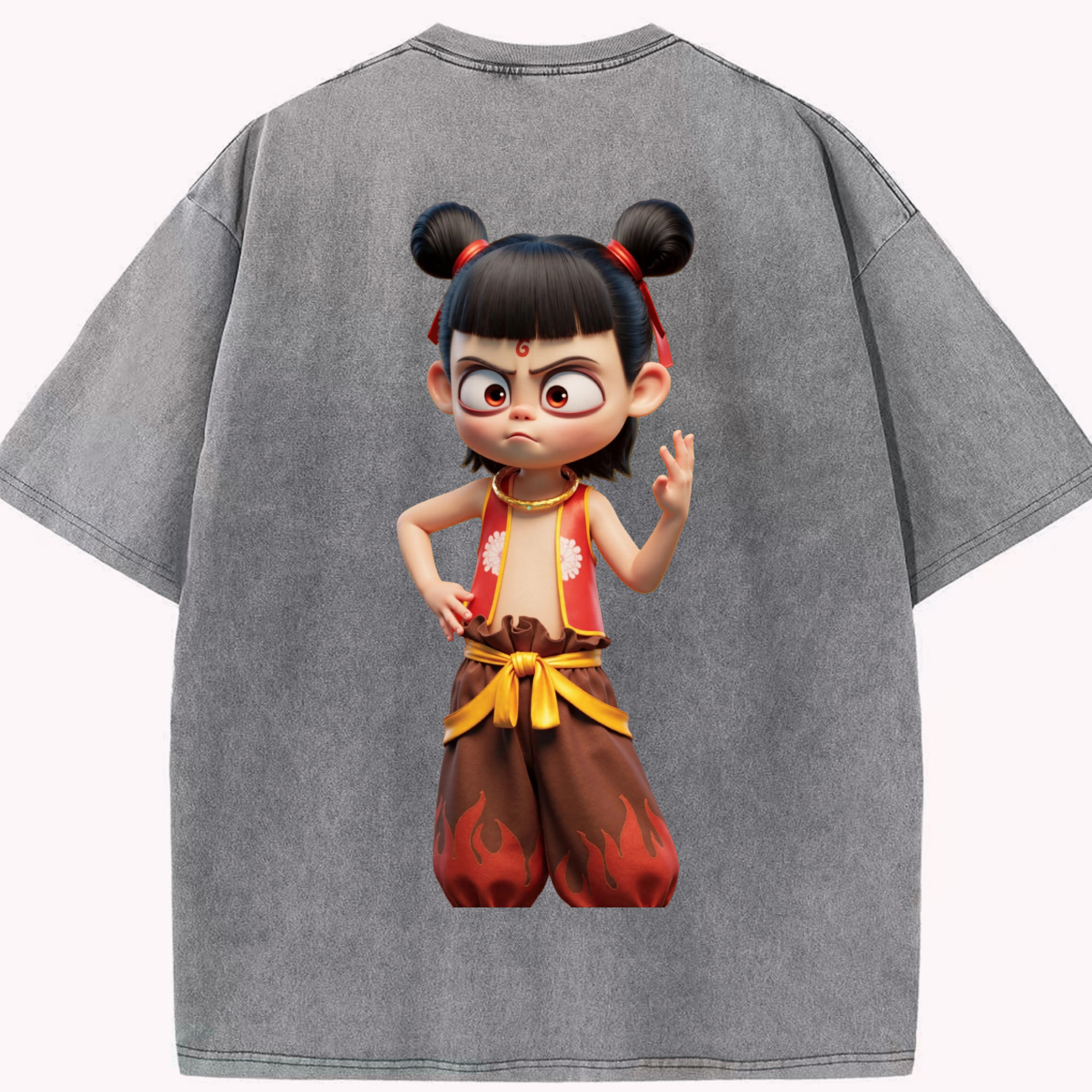 （画像用） Ne Zha 2 ナタ 魔童の大暴れ 綿100% ヴィンテージ風 半袖Tシャツ（背面プリント）