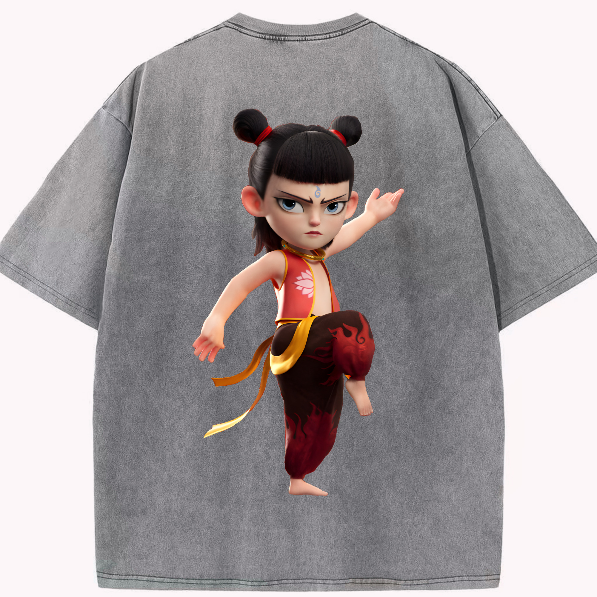 （画像用） Ne Zha 2 ナタ 魔童の大暴れ 綿100% ヴィンテージ風 半袖Tシャツ（背面プリント）