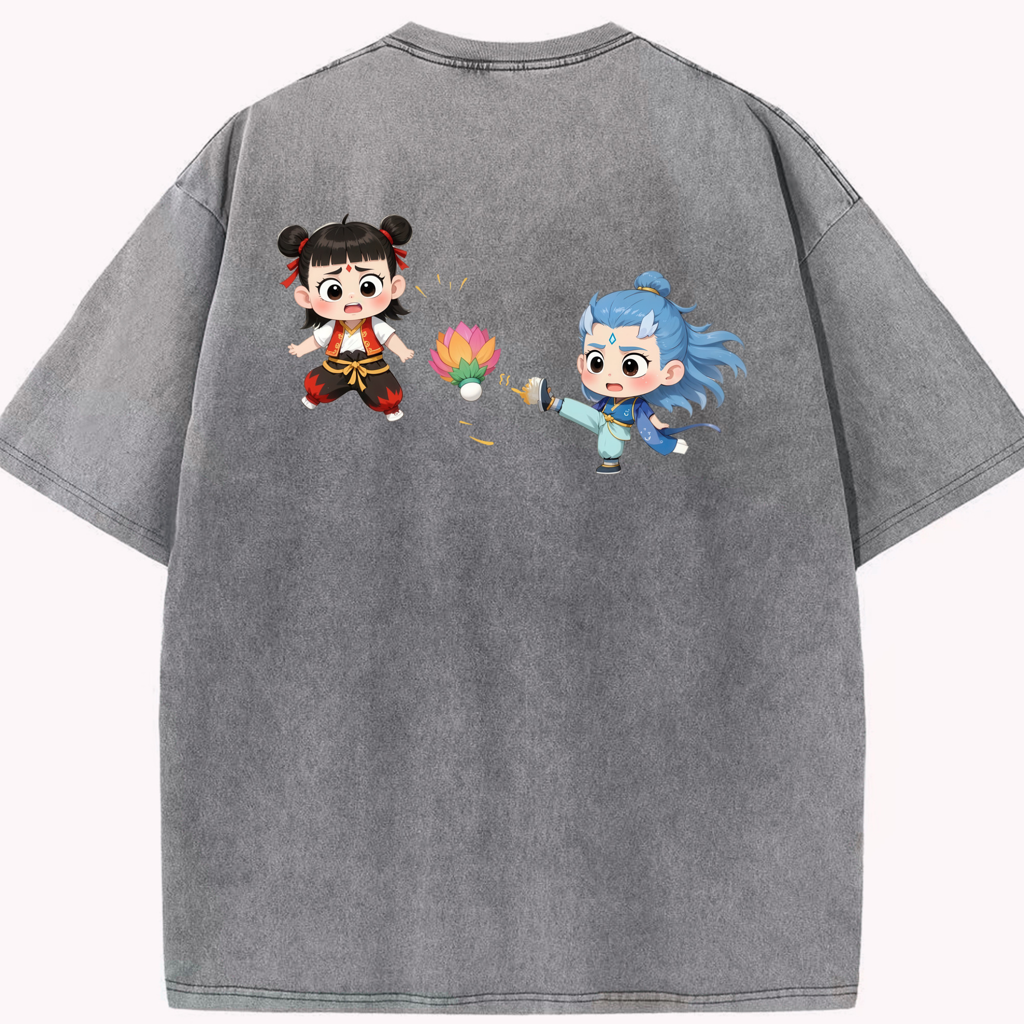 （画像用） Ne Zha 2 ナタ 魔童の大暴れ 綿100% ヴィンテージ風 半袖Tシャツ（背面プリント）