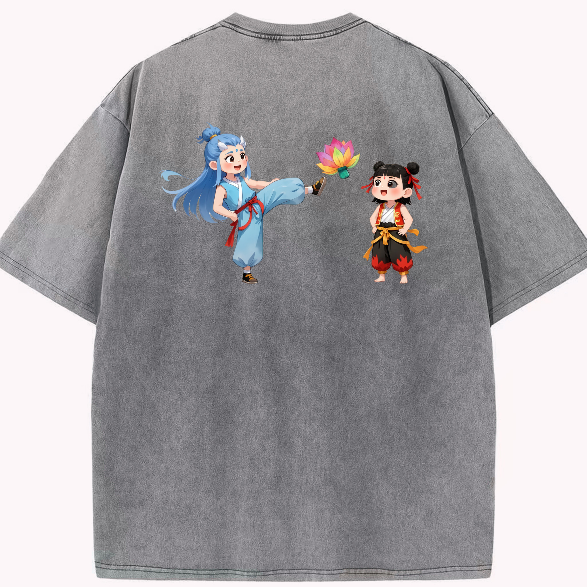 （画像用） Ne Zha 2 ナタ 魔童の大暴れ 綿100% ヴィンテージ風 半袖Tシャツ（背面プリント）