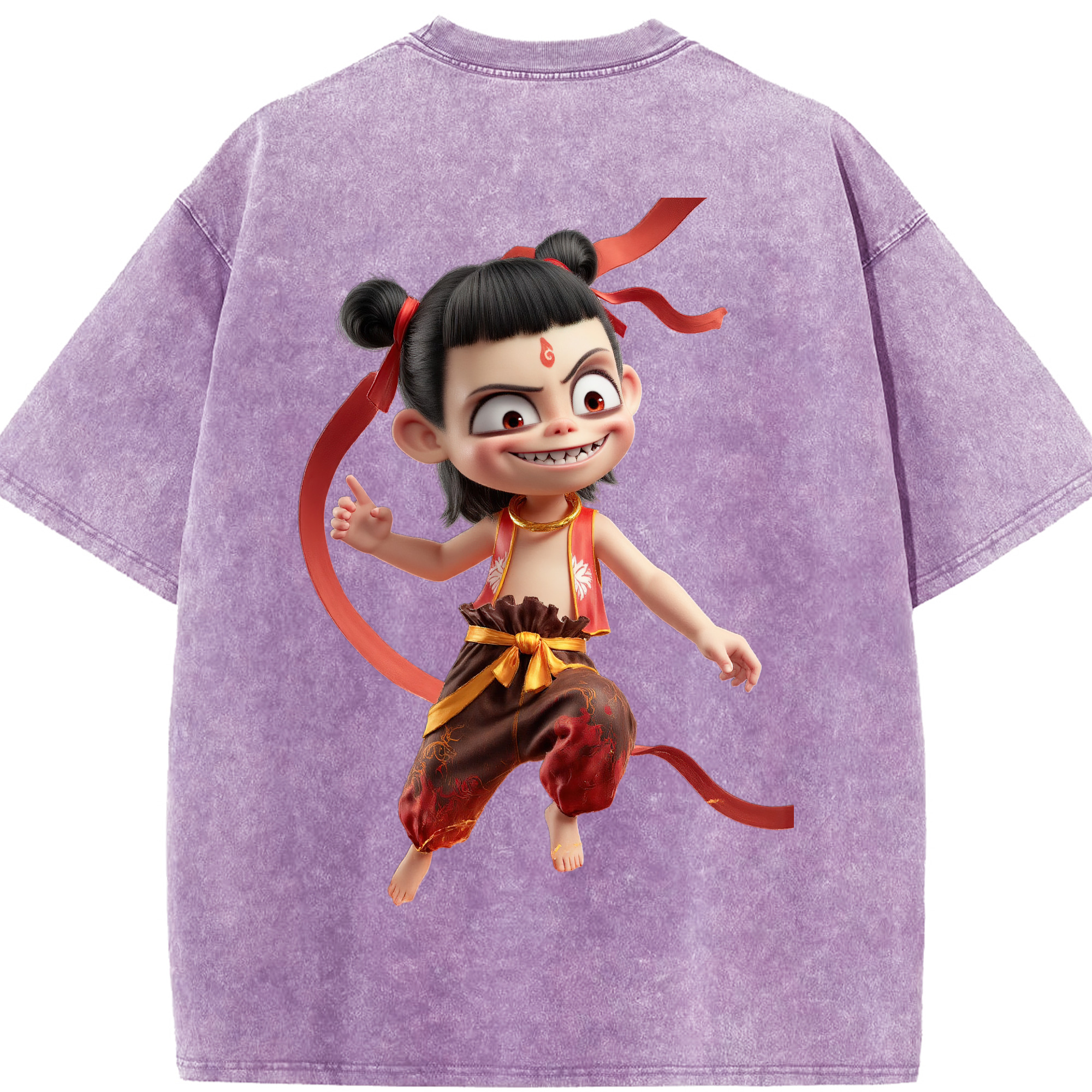 （画像用） Ne Zha 2 ナタ 魔童の大暴れ 綿100% ヴィンテージ風 半袖Tシャツ（背面プリント）