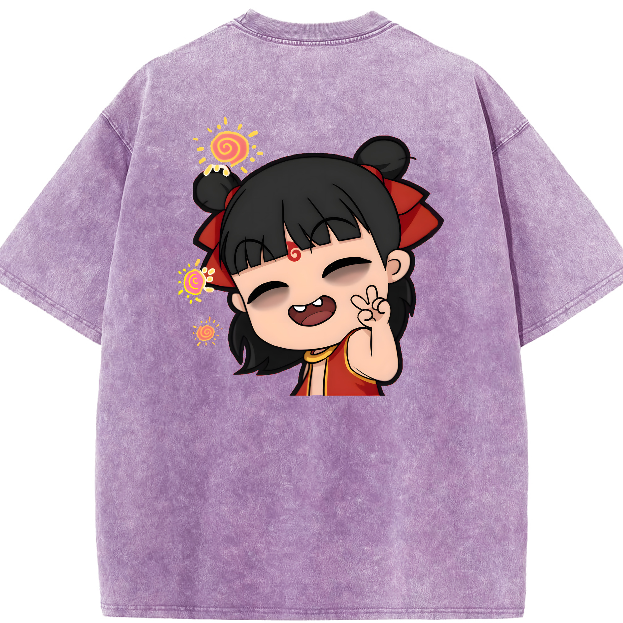 （画像用） Ne Zha 2 ナタ 魔童の大暴れ 綿100% ヴィンテージ風 半袖Tシャツ（背面プリント）
