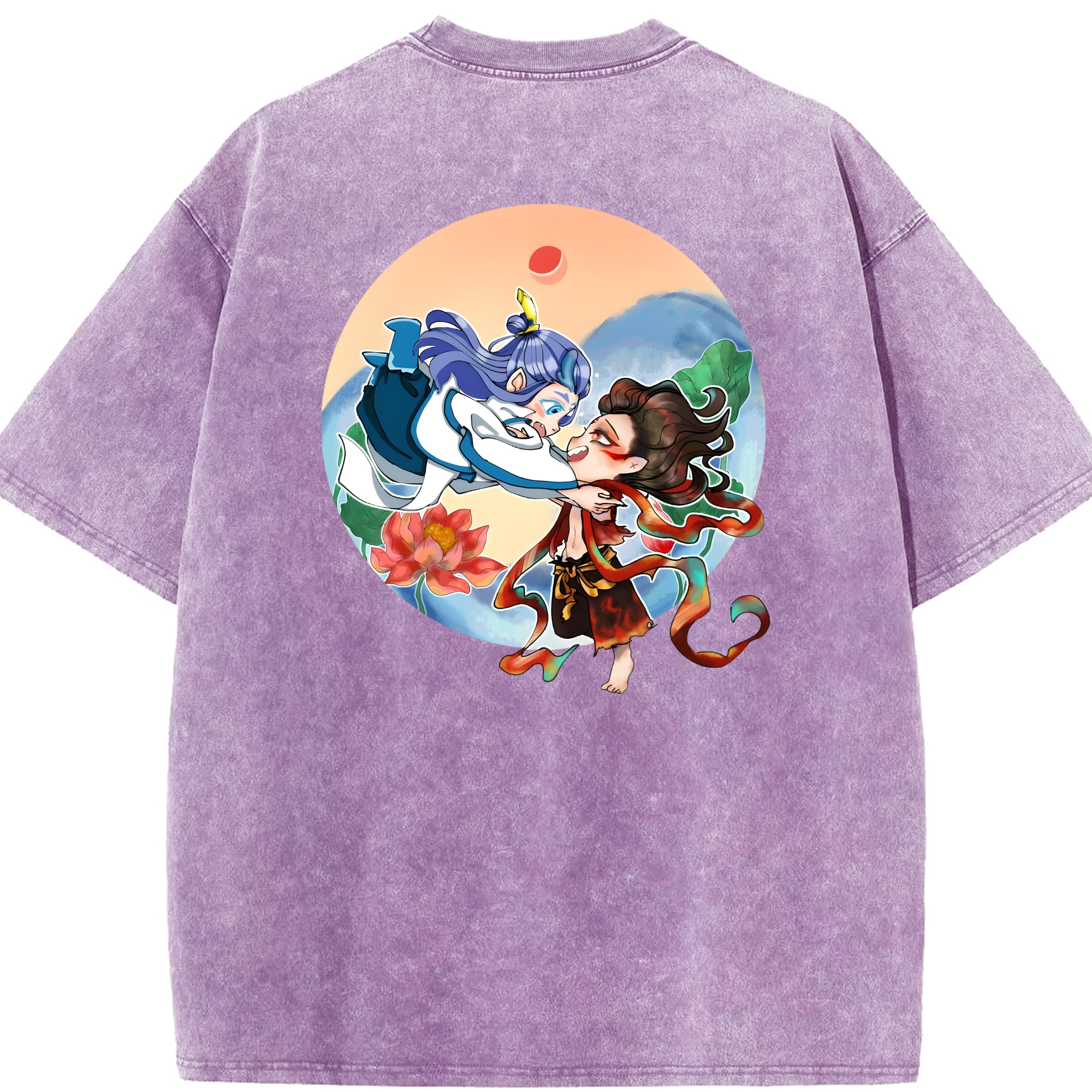 （画像用） Ne Zha 2 ナタ 魔童の大暴れ 綿100% ヴィンテージ風 半袖Tシャツ（背面プリント）