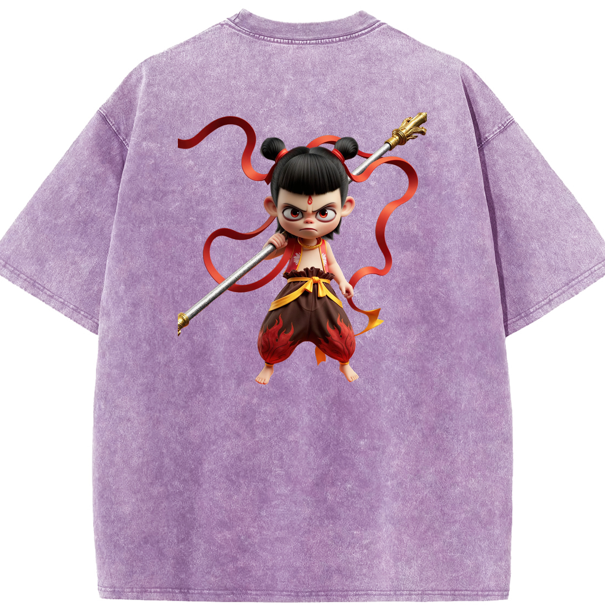 （画像用） Ne Zha 2 ナタ 魔童の大暴れ 綿100% ヴィンテージ風 半袖Tシャツ（背面プリント）