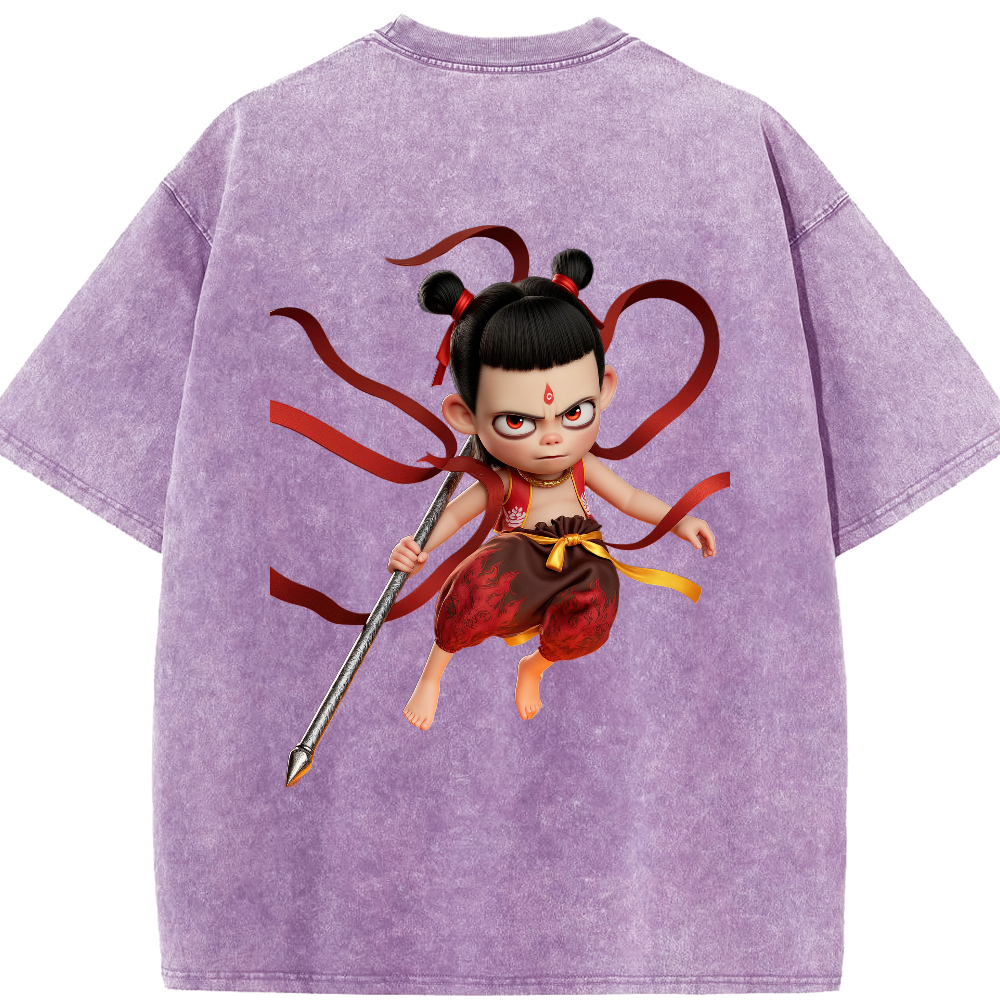 （画像用） Ne Zha 2 ナタ 魔童の大暴れ 綿100% ヴィンテージ風 半袖Tシャツ（背面プリント）