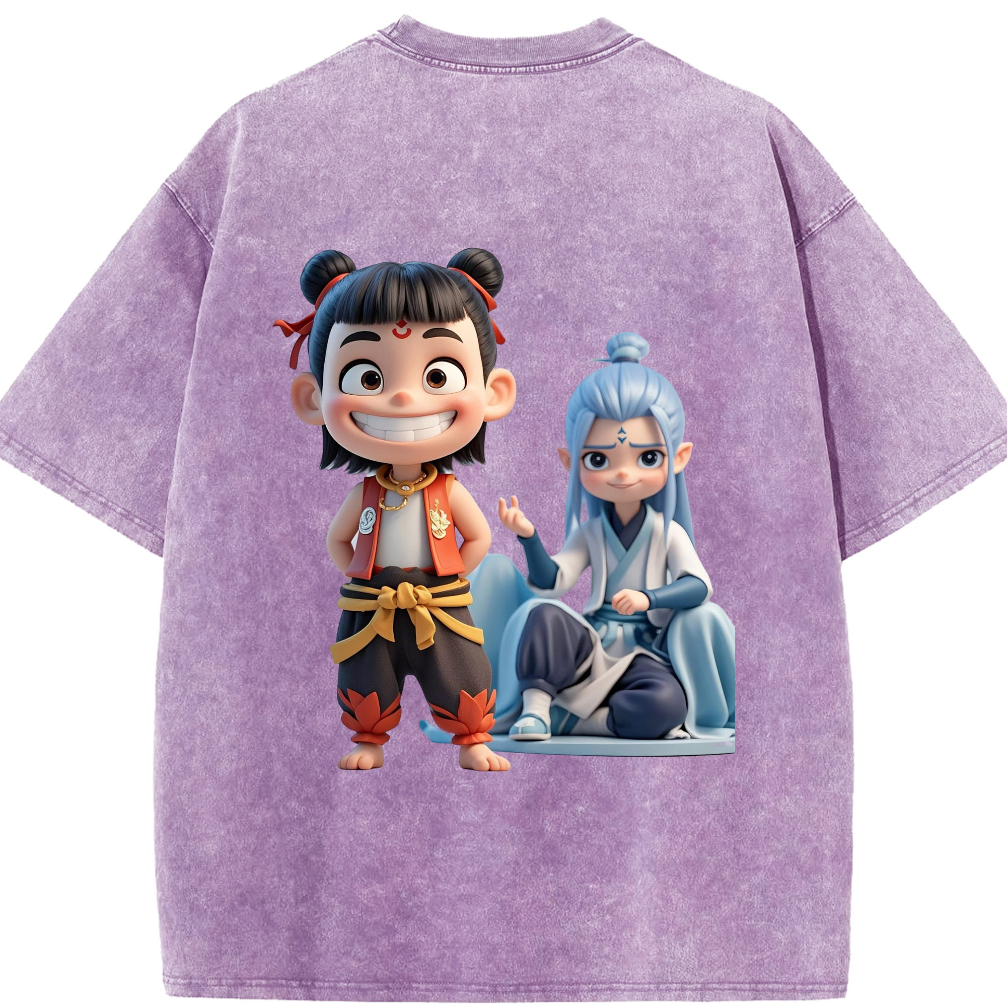 （画像用） Ne Zha 2 ナタ 魔童の大暴れ 綿100% ヴィンテージ風 半袖Tシャツ（背面プリント）
