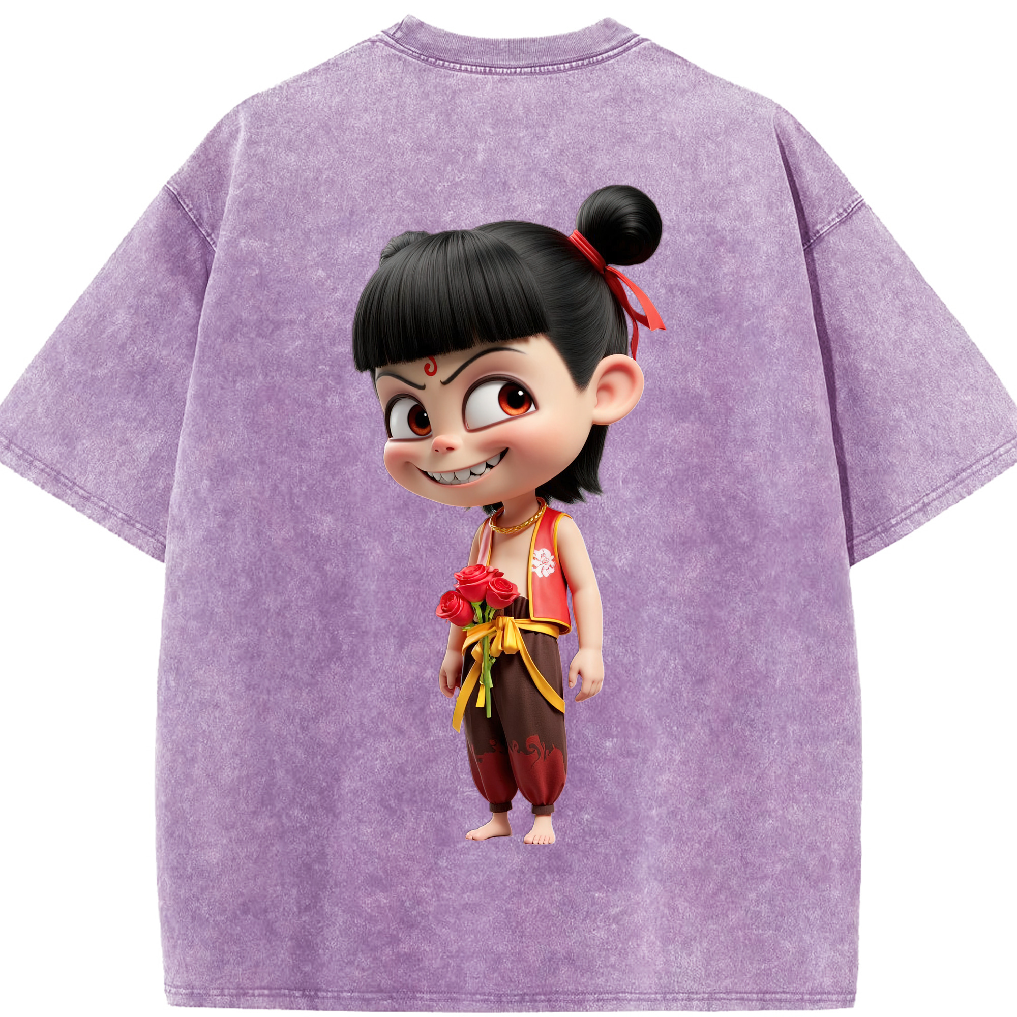 （画像用） Ne Zha 2 ナタ 魔童の大暴れ 綿100% ヴィンテージ風 半袖Tシャツ（背面プリント）