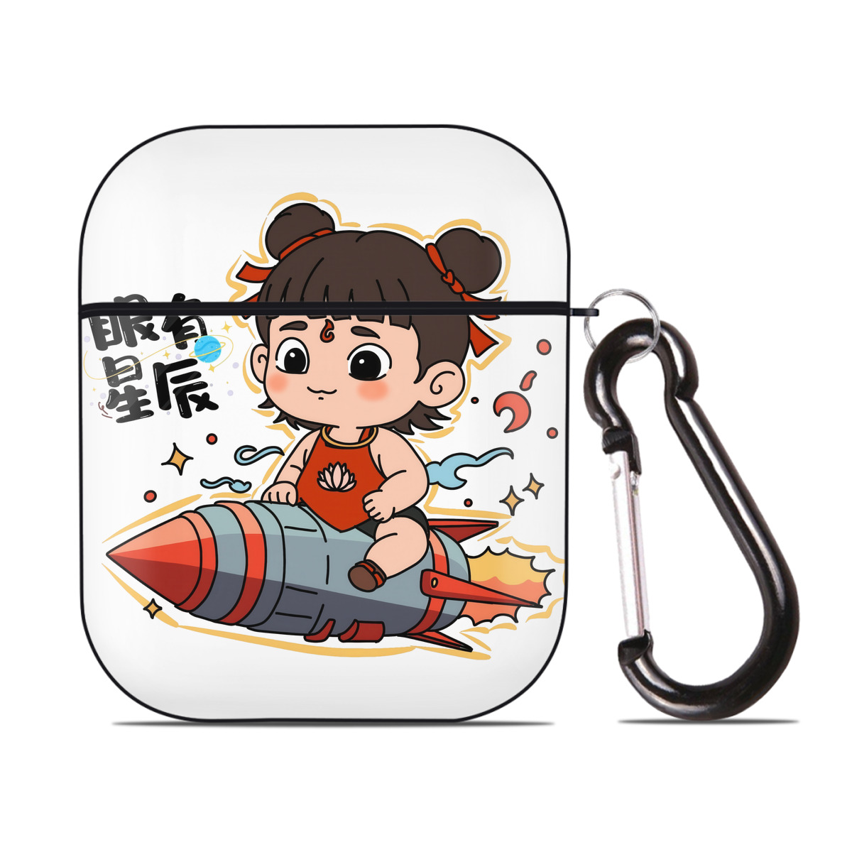 （画像用） Ne Zha 2 ナタ 魔童の大暴れ AirPods 第2世代保護ケース ハードシェル ブラック 耐衝撃・防指紋・カラビナ付き