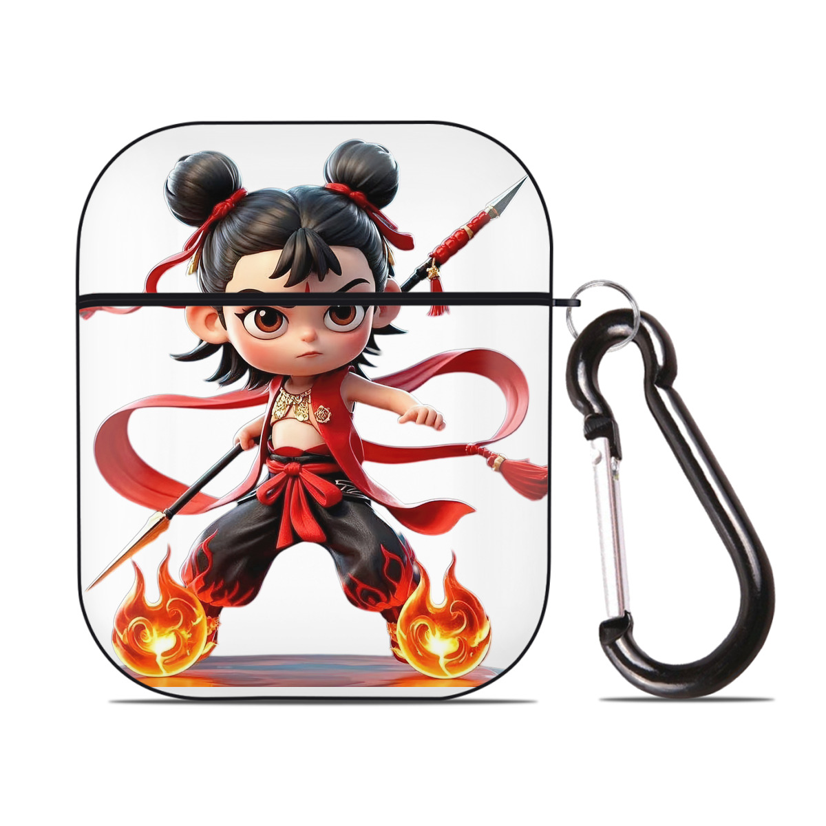 （画像用） Ne Zha 2 ナタ 魔童の大暴れ AirPods 第2世代保護ケース ハードシェル ブラック 耐衝撃・防指紋・カラビナ付き