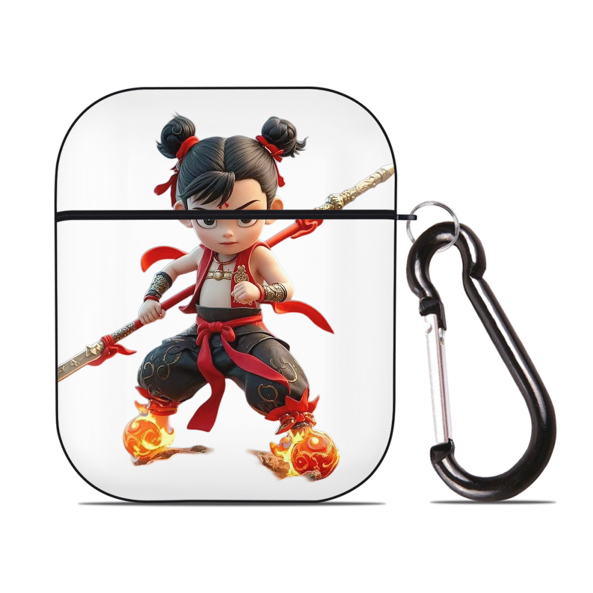 （画像用） Ne Zha 2 ナタ 魔童の大暴れ AirPods 第2世代保護ケース ハードシェル ブラック 耐衝撃・防指紋・カラビナ付き