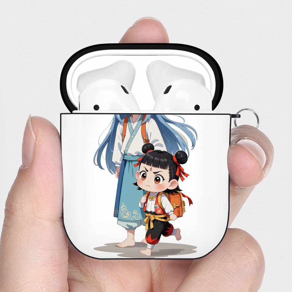 （画像用） Ne Zha 2 ナタ 魔童の大暴れ AirPods 第2世代保護ケース ハードシェル ブラック 耐衝撃・防指紋・カラビナ付き