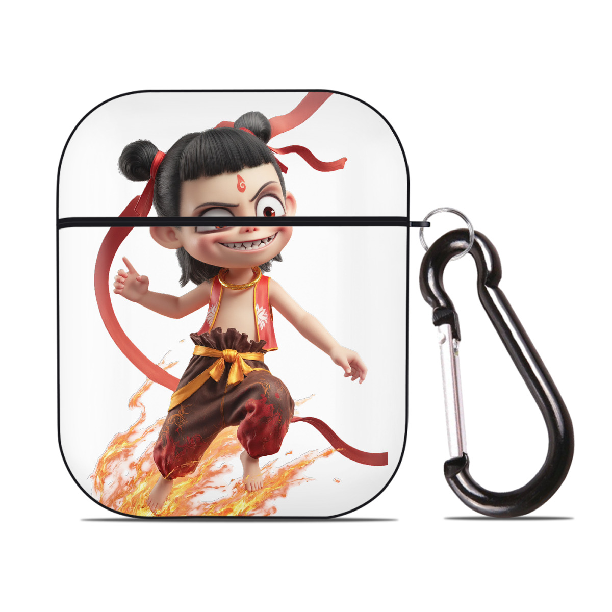 （画像用） Ne Zha 2 ナタ 魔童の大暴れ AirPods 第2世代保護ケース ハードシェル ブラック 耐衝撃・防指紋・カラビナ付き