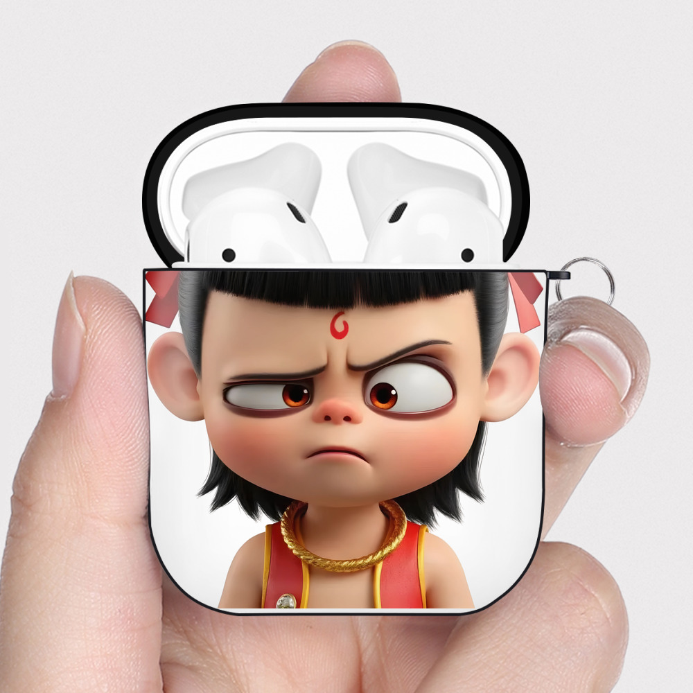 （画像用） Ne Zha 2 ナタ 魔童の大暴れ AirPods 第2世代保護ケース ハードシェル ブラック 耐衝撃・防指紋・カラビナ付き