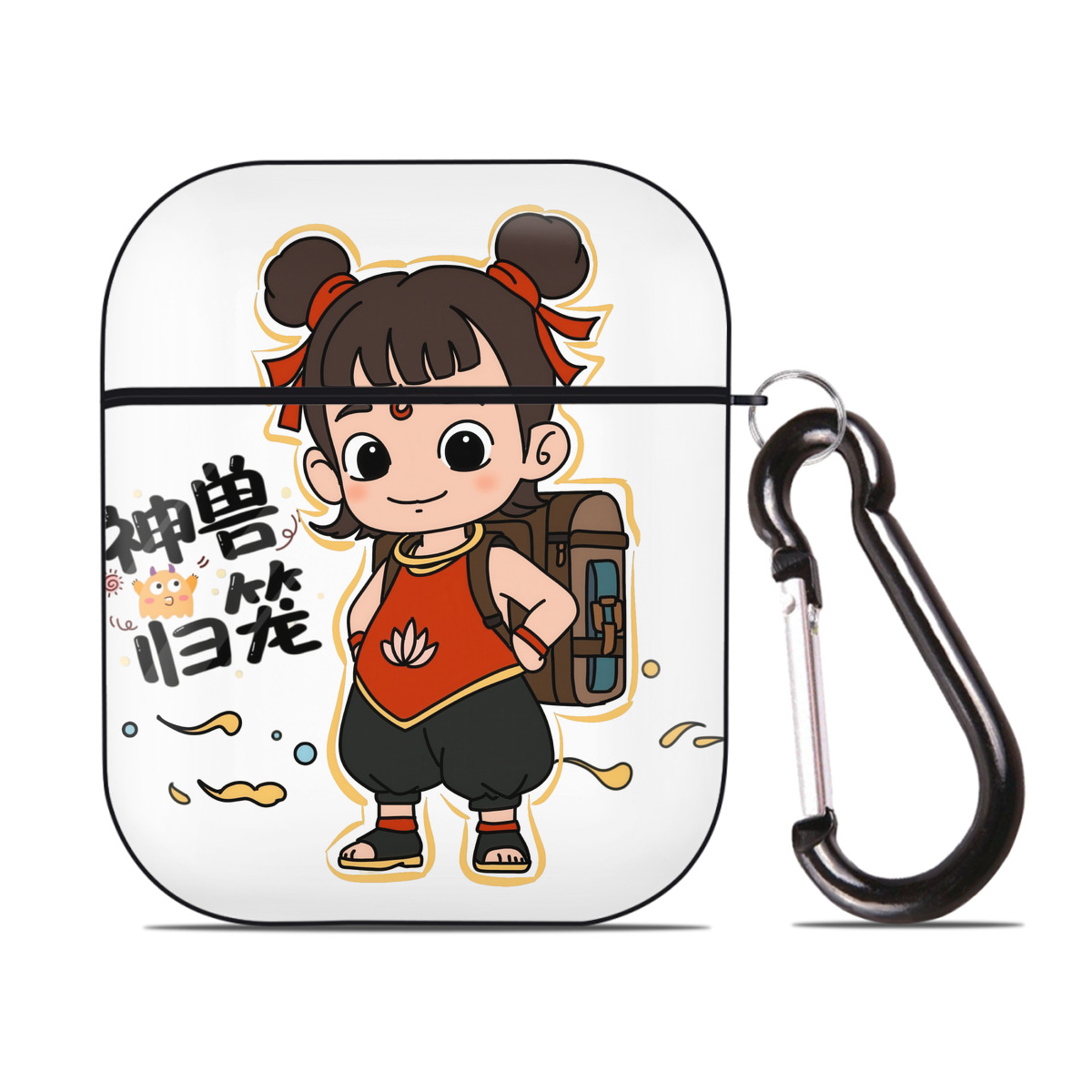 （画像用） Ne Zha 2 ナタ 魔童の大暴れ AirPods 第2世代保護ケース ハードシェル ブラック 耐衝撃・防指紋・カラビナ付き