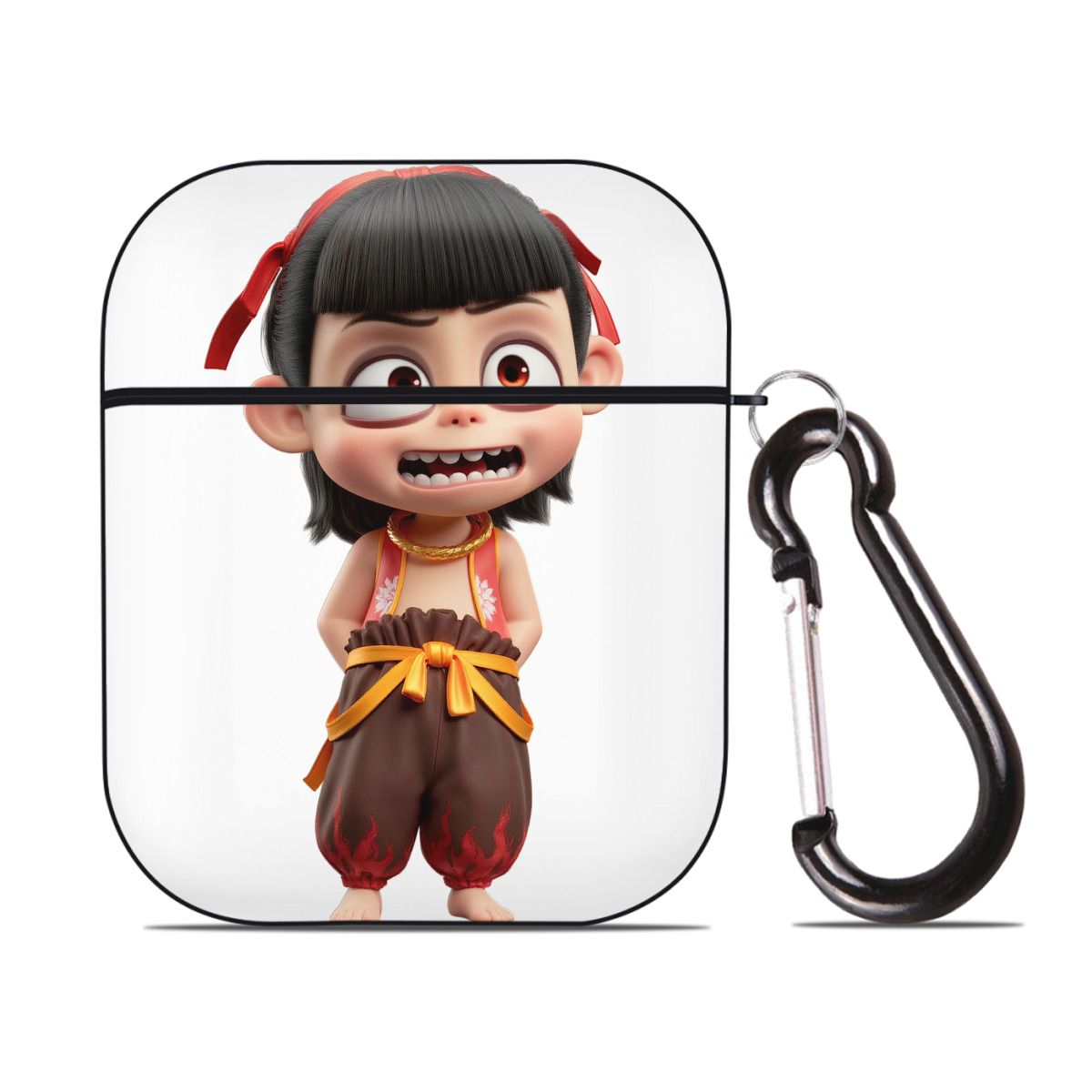 （画像用） Ne Zha 2 ナタ 魔童の大暴れ AirPods 第2世代保護ケース ハードシェル ブラック 耐衝撃・防指紋・カラビナ付き