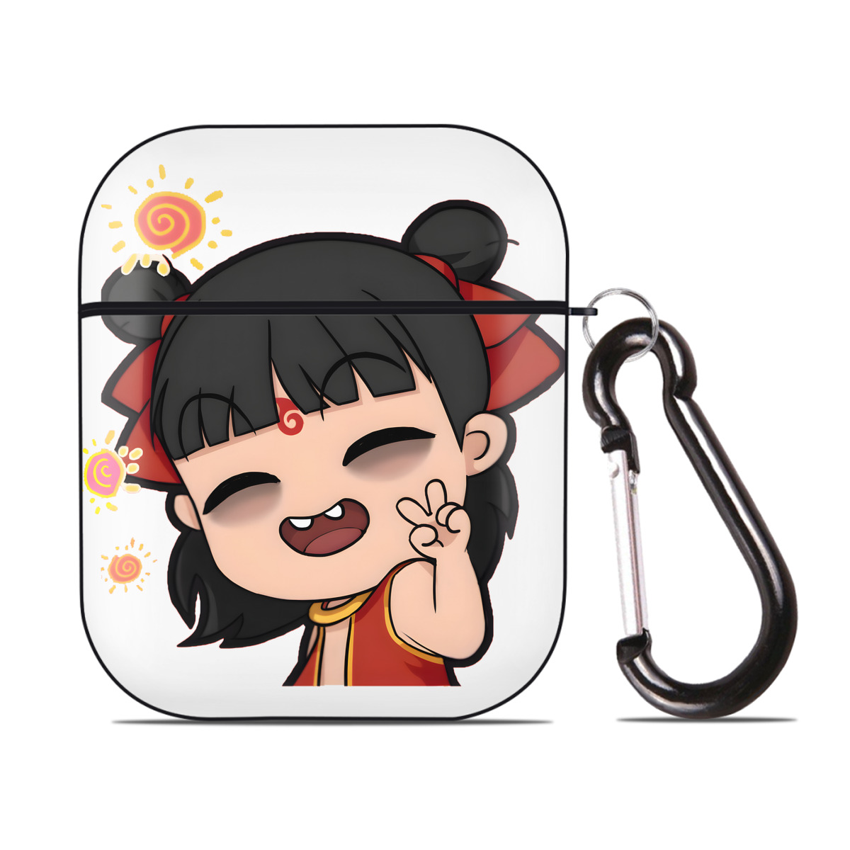 （画像用） Ne Zha 2 ナタ 魔童の大暴れ AirPods 第2世代保護ケース ハードシェル ブラック 耐衝撃・防指紋・カラビナ付き