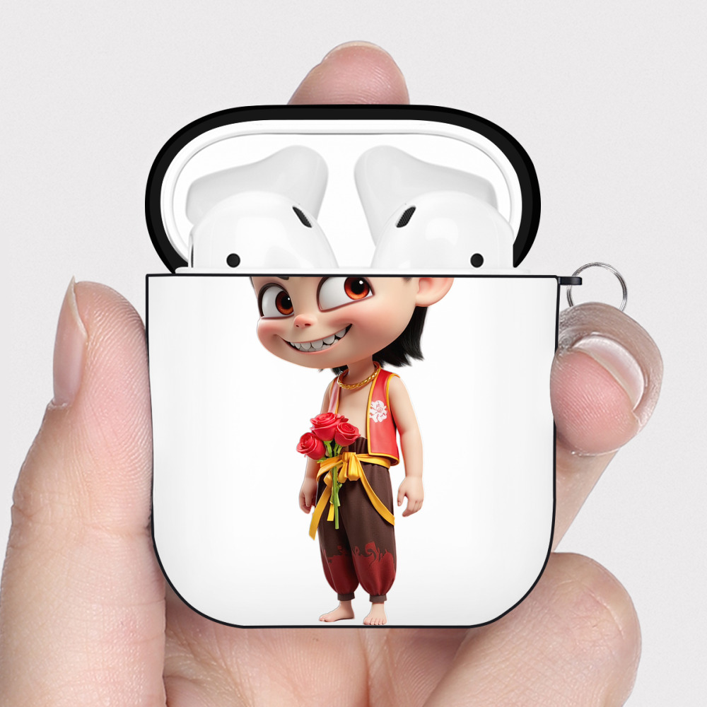 （画像用） Ne Zha 2 ナタ 魔童の大暴れ AirPods 第2世代保護ケース ハードシェル ブラック 耐衝撃・防指紋・カラビナ付き