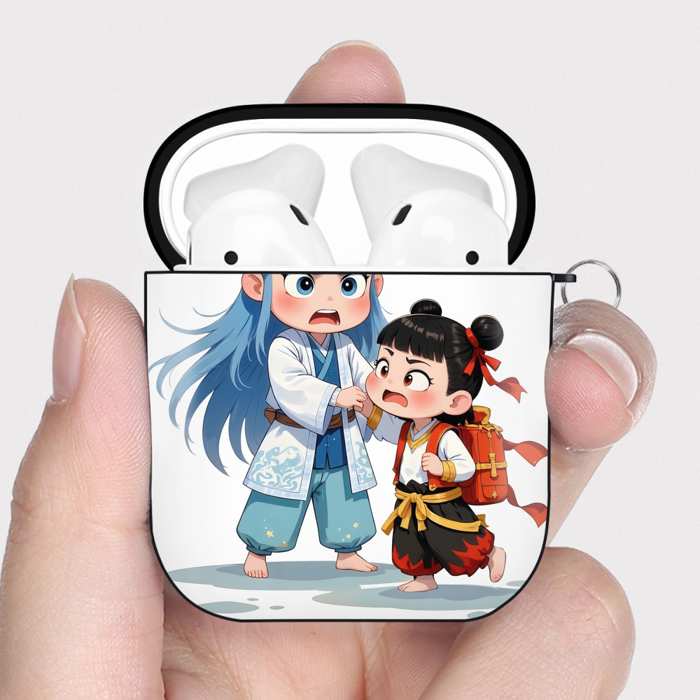 （画像用） Ne Zha 2 ナタ 魔童の大暴れ AirPods 第2世代保護ケース ハードシェル ブラック 耐衝撃・防指紋・カラビナ付き