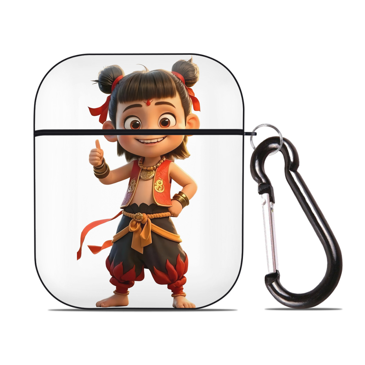 （画像用） Ne Zha 2 ナタ 魔童の大暴れ AirPods 第2世代保護ケース ハードシェル ブラック 耐衝撃・防指紋・カラビナ付き