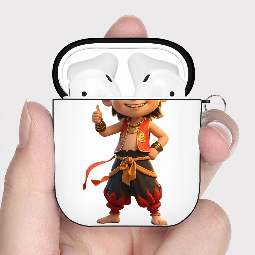 （画像用） Ne Zha 2 ナタ 魔童の大暴れ AirPods 第2世代保護ケース ハードシェル ブラック 耐衝撃・防指紋・カラビナ付き