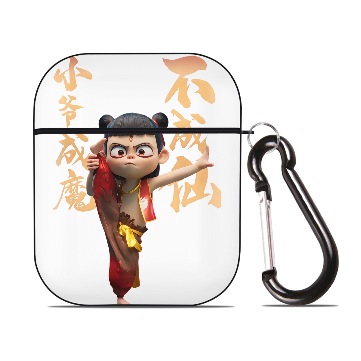 （画像用） Ne Zha 2 ナタ 魔童の大暴れ AirPods 第2世代保護ケース ハードシェル ブラック 耐衝撃・防指紋・カラビナ付き