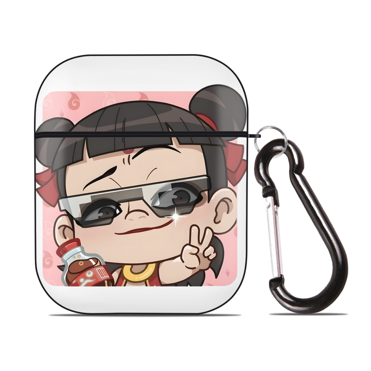 （画像用） Ne Zha 2 ナタ 魔童の大暴れ AirPods 第2世代保護ケース ハードシェル ブラック 耐衝撃・防指紋・カラビナ付き