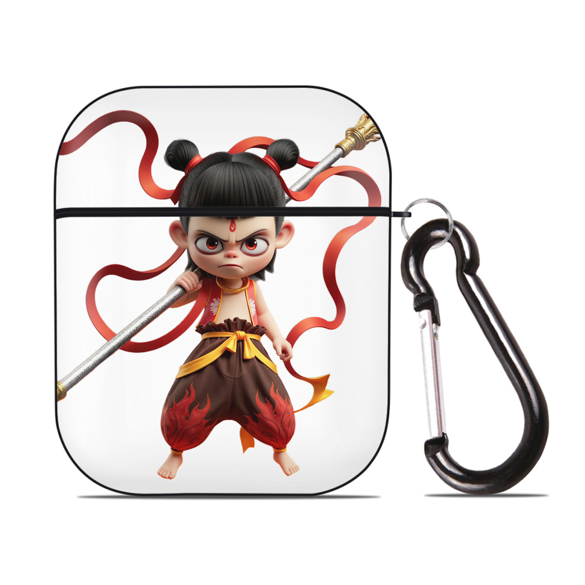 （画像用） Ne Zha 2 ナタ 魔童の大暴れ AirPods 第2世代保護ケース ハードシェル ブラック 耐衝撃・防指紋・カラビナ付き