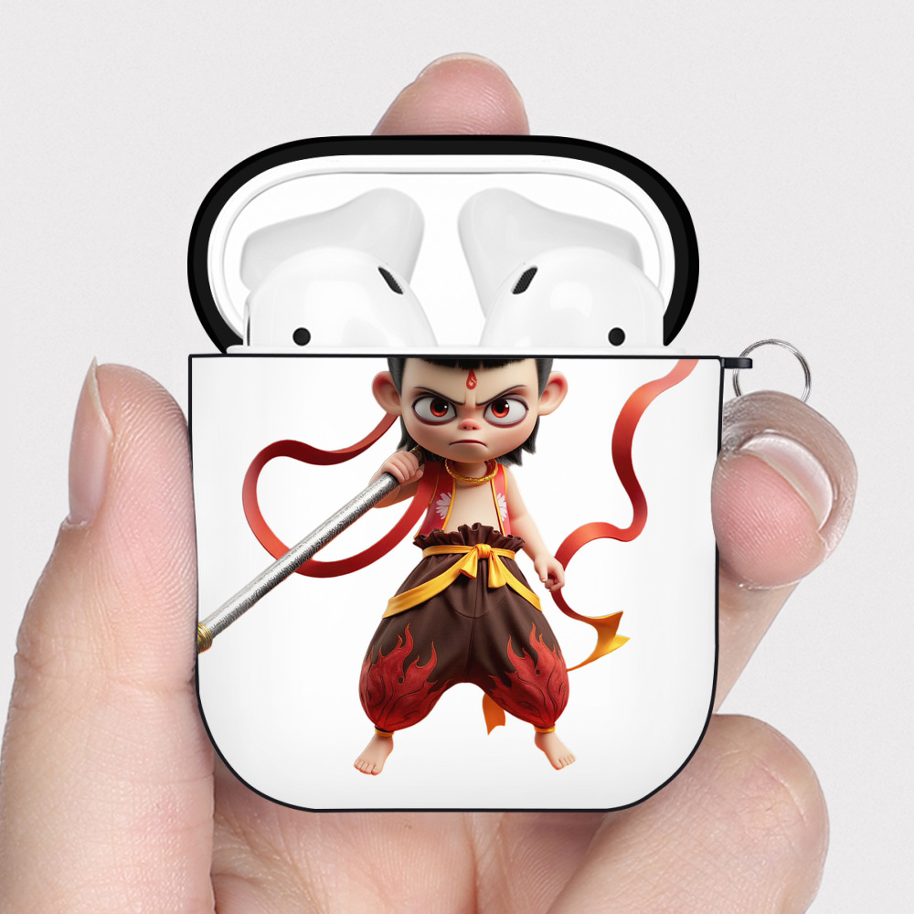 （画像用） Ne Zha 2 ナタ 魔童の大暴れ AirPods 第2世代保護ケース ハードシェル ブラック 耐衝撃・防指紋・カラビナ付き