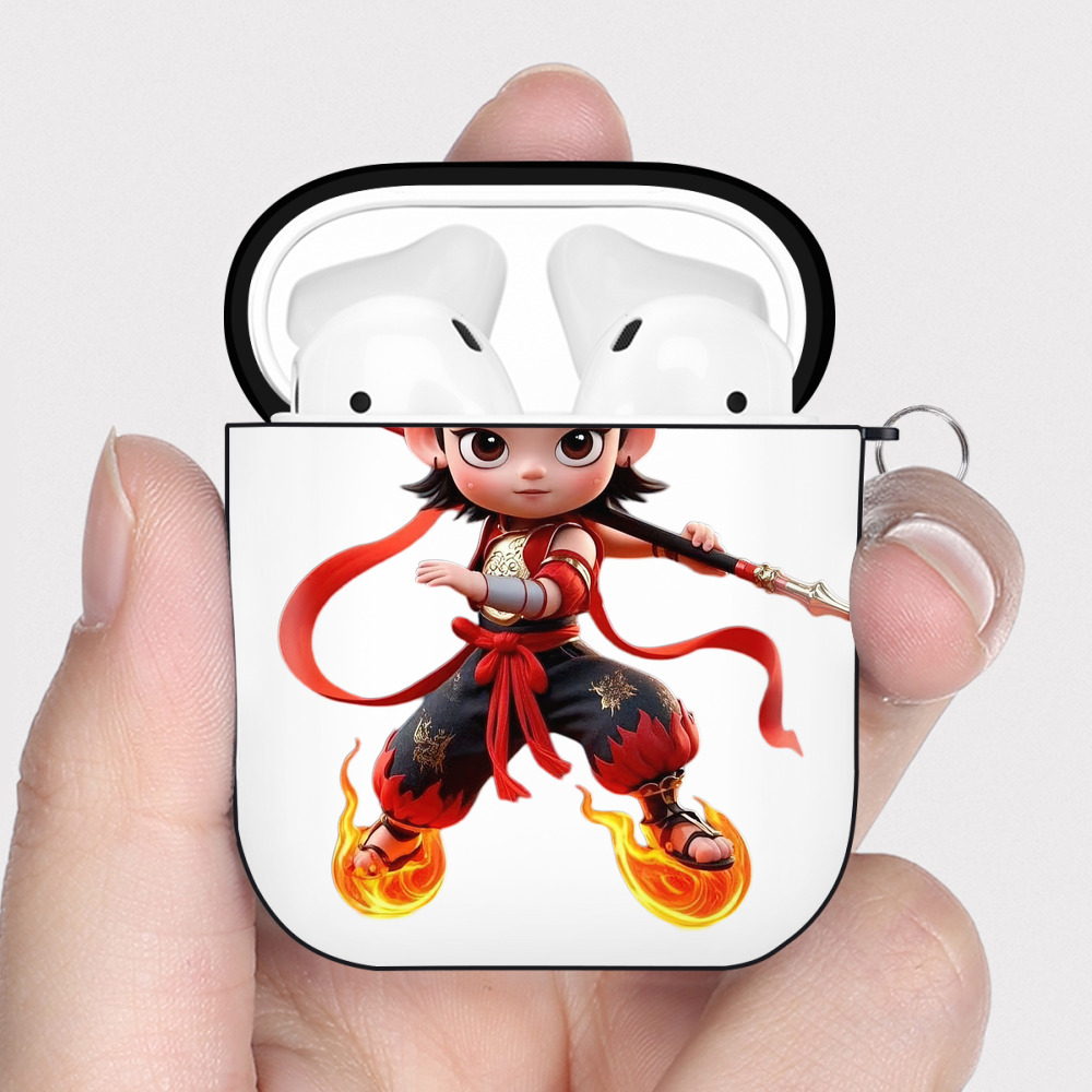 （画像用） Ne Zha 2 ナタ 魔童の大暴れ AirPods 第2世代保護ケース ハードシェル ブラック 耐衝撃・防指紋・カラビナ付き