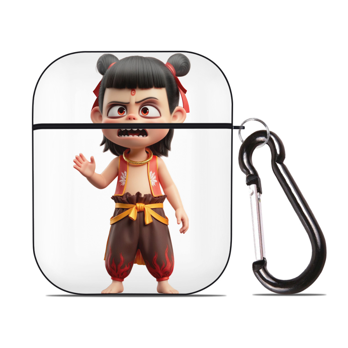 （画像用） Ne Zha 2 ナタ 魔童の大暴れ AirPods 第2世代保護ケース ハードシェル ブラック 耐衝撃・防指紋・カラビナ付き